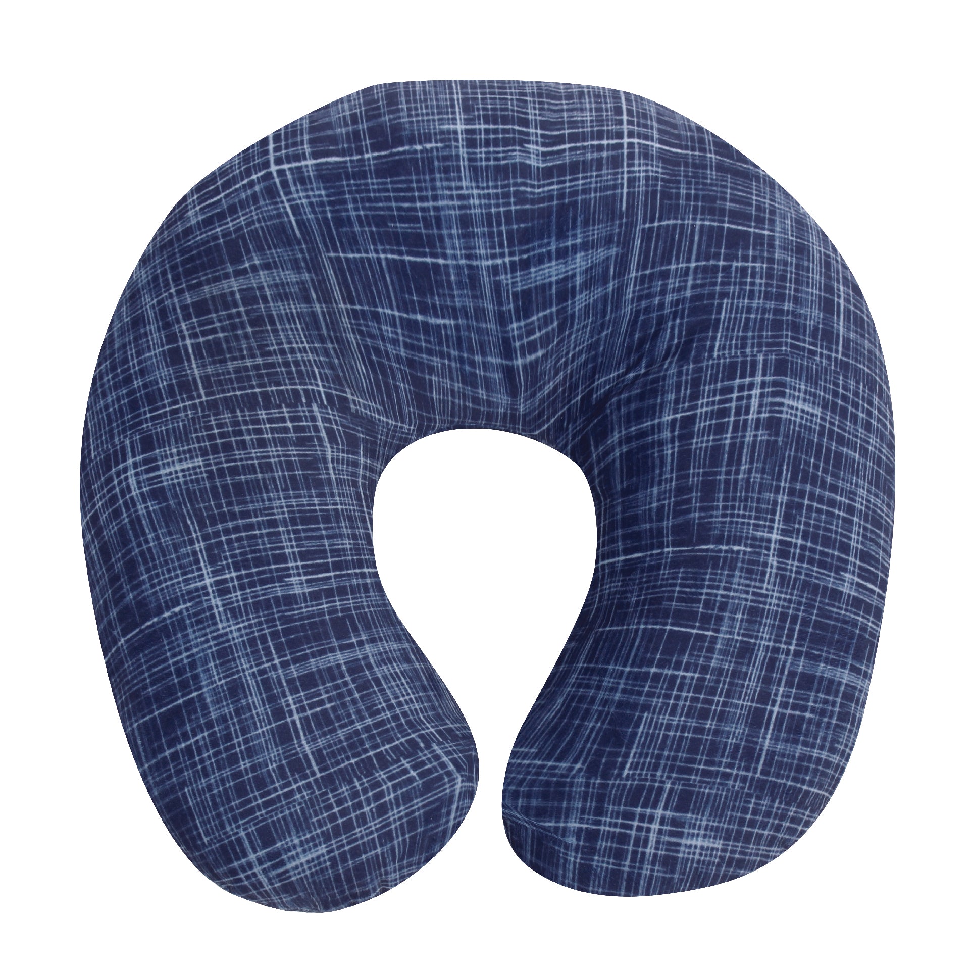 Front view of the Memory Foam Travel Neck Pillow in Navy Hatch, which is made of ultra-soft navy, blue, and white cross-hatch fabric.