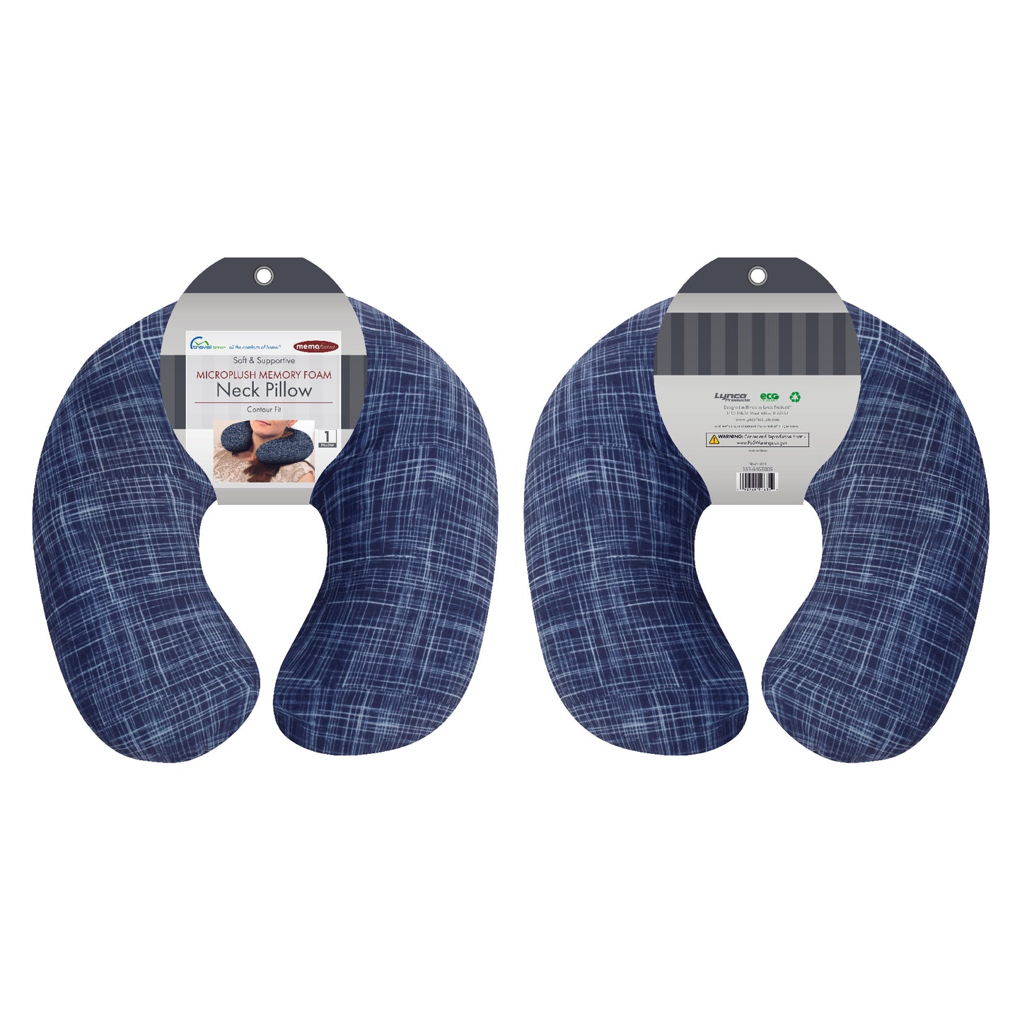 Packaged front and back view of the Memory Foam Travel Neck Pillow in Navy Hatch, which is made of ultra-soft navy, blue, and white cross-hatch fabric.