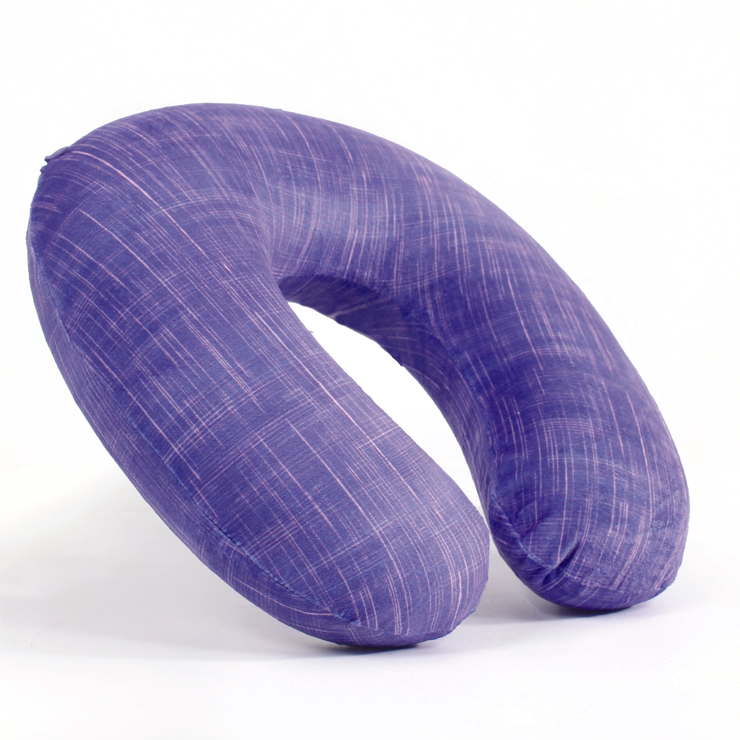 Side view of the Memory Foam Travel Neck Pillow in UV Hatch, which is made of ultra-soft purple and pink cross-hatch fabric.