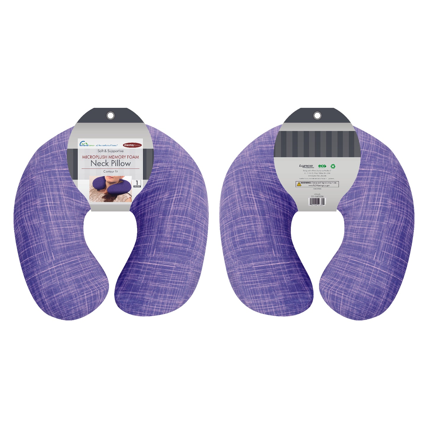 Packaged front and back view of the Memory Foam Travel Neck Pillow in UV Hatch, which is made of ultra-soft purple and pink cross-hatch fabric.