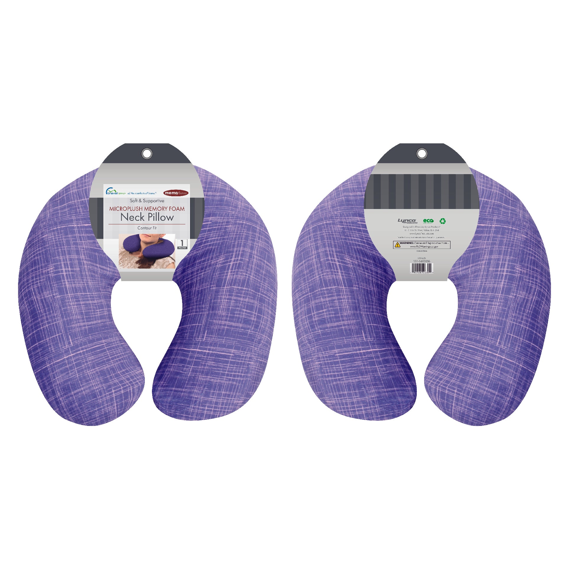 Packaged front and back view of the Memory Foam Travel Neck Pillow in UV Hatch, which is made of ultra-soft purple and pink cross-hatch fabric.