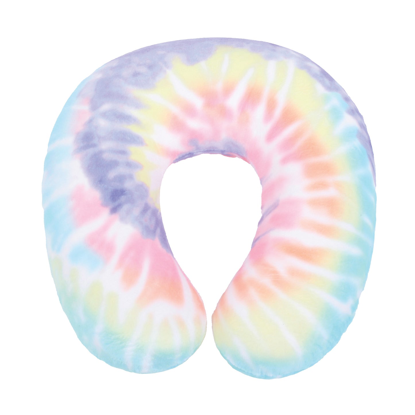 Front view of the Memory Foam Travel Neck Pillow in Multicolor Tie Dye, which is made of ultra-soft rainbow pastel tie dye fabric.
