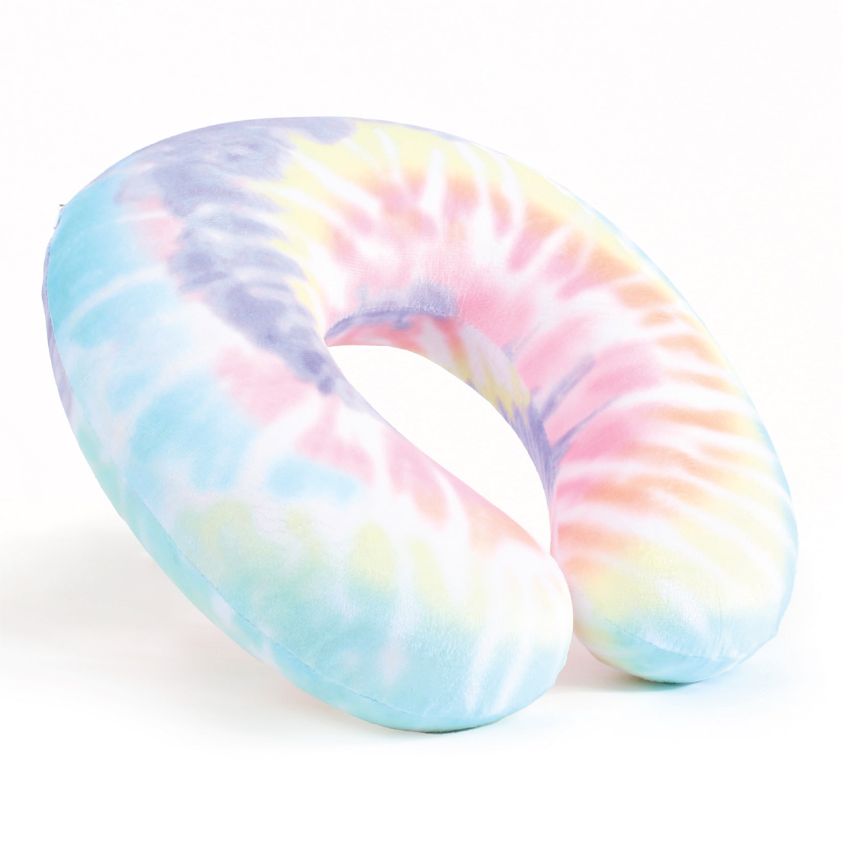 Side view of the Memory Foam Travel Neck Pillow in Multicolor Tie Dye, which is made of ultra-soft rainbow pastel tie dye fabric.