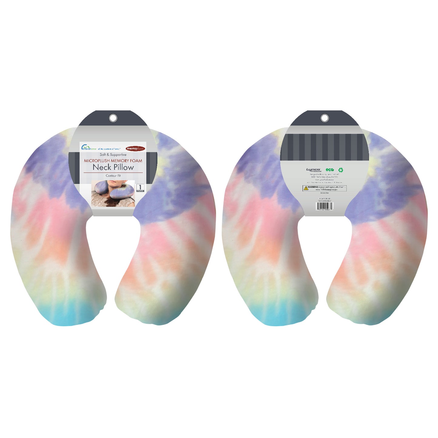 Packaged front and back view of the Memory Foam Travel Neck Pillow in Multicolor Tie Dye, which is made of ultra-soft rainbow pastel tie dye fabric.