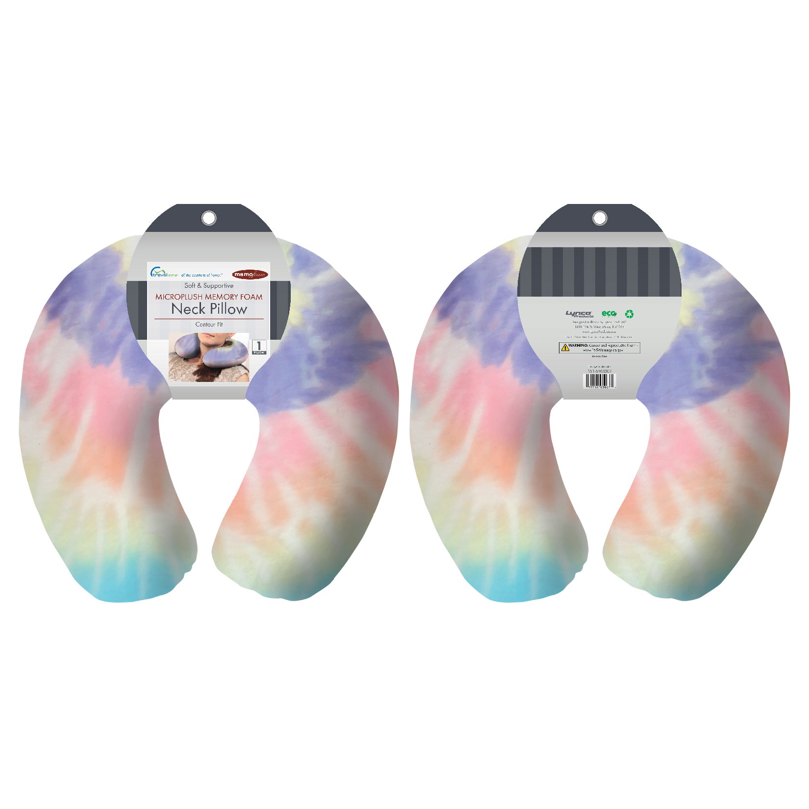 Packaged front and back view of the Memory Foam Travel Neck Pillow in Multicolor Tie Dye, which is made of ultra-soft rainbow pastel tie dye fabric.