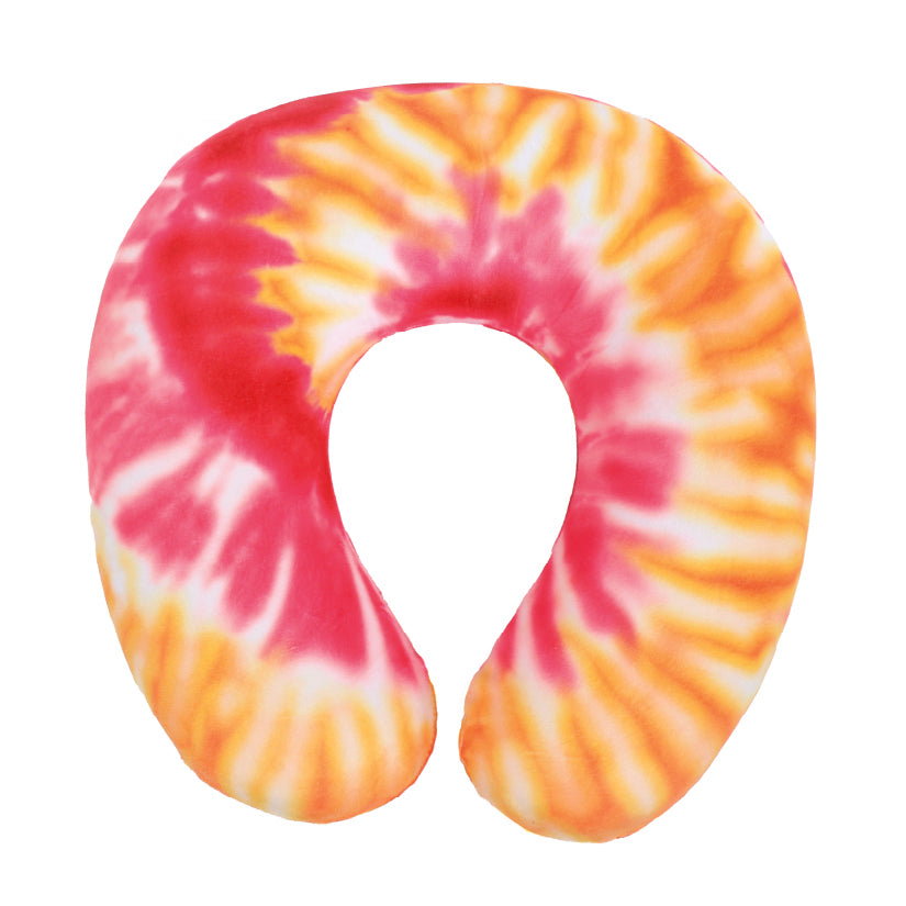 Front view of the Memory Foam Travel Neck Pillow in Red and Yellow Tie Dye, which is made of ultra-soft red, yellow, orange, and white tie dye fabric.