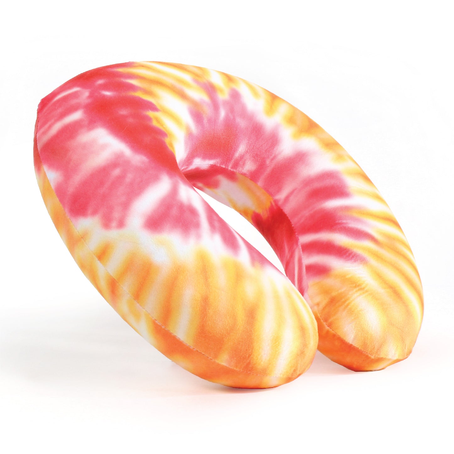 Side view of the Memory Foam Travel Neck Pillow in Red and Yellow Tie Dye, which is made of ultra-soft red, yellow, orange, and white tie dye fabric.