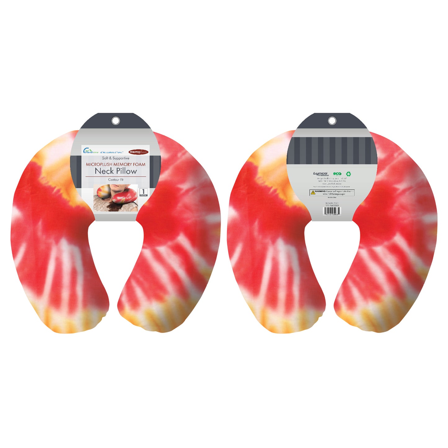 Packaged front and back view of the Memory Foam Travel Neck Pillow in Red and Yellow Tie Dye, which is made of ultra-soft red, yellow, orange, and white tie dye fabric.