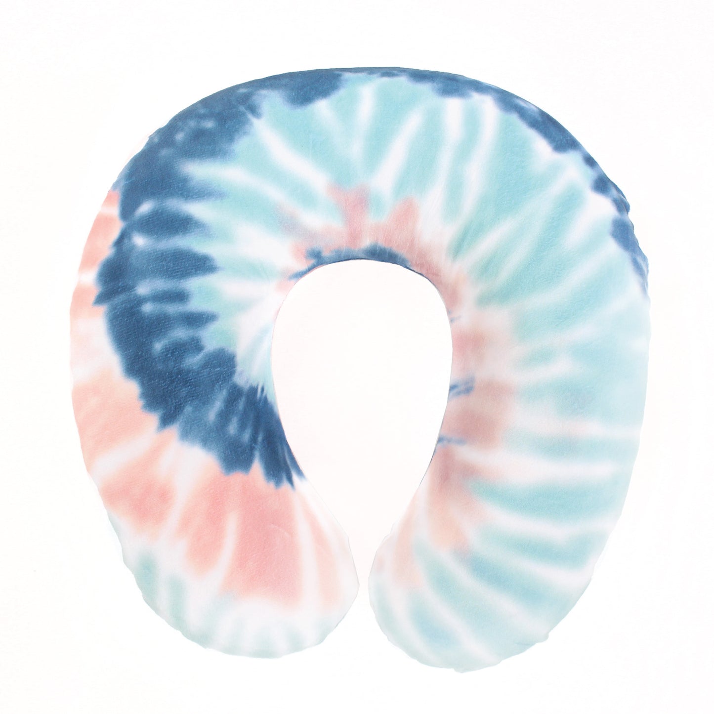 Front view of the Memory Foam Travel Neck Pillow in Peach and Gray Tie Dye, which is made of ultra-soft pink, gray, blue, teal, and white tie dye fabric.