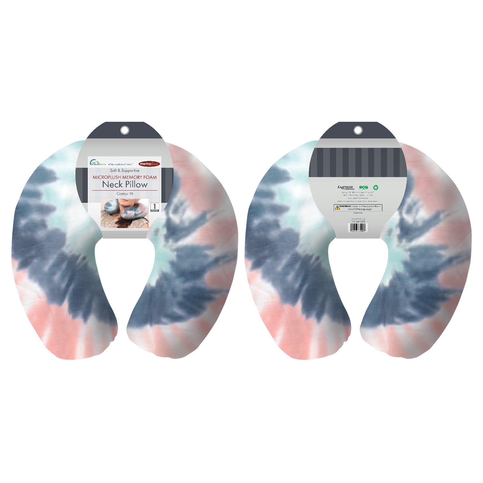 Packaged front and back view of the Memory Foam Travel Neck Pillow in Peach and Gray Tie Dye, which is made of ultra-soft pink, gray, blue, teal, and white tie dye fabric.