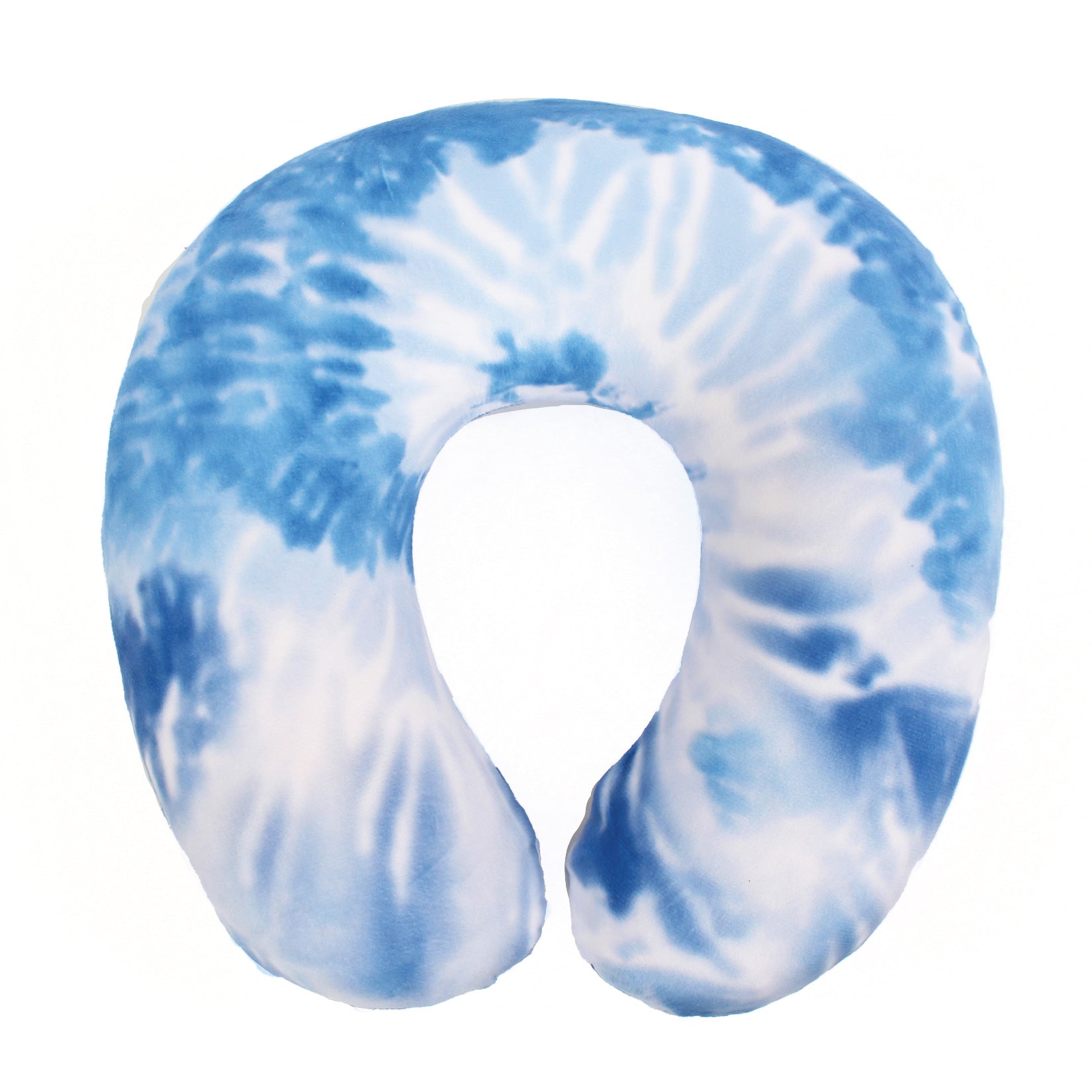 Front view of the Memory Foam Travel Neck Pillow in Sky Blue Tie Dye, which is made of ultra-soft blue, light blue, and white tie dye fabric.