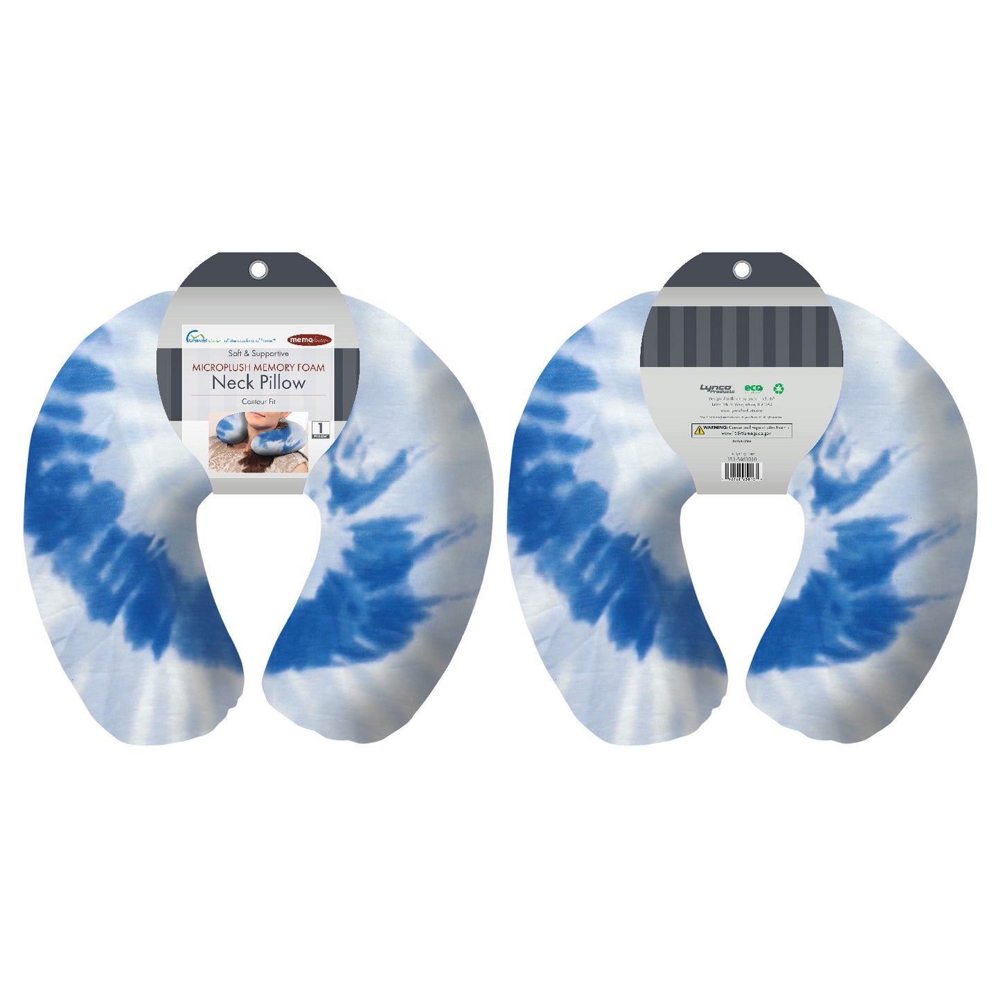 Packaged front and back view of the Memory Foam Travel Neck Pillow in Sky Blue Tie Dye, which is made of ultra-soft blue, light blue, and white tie dye fabric.