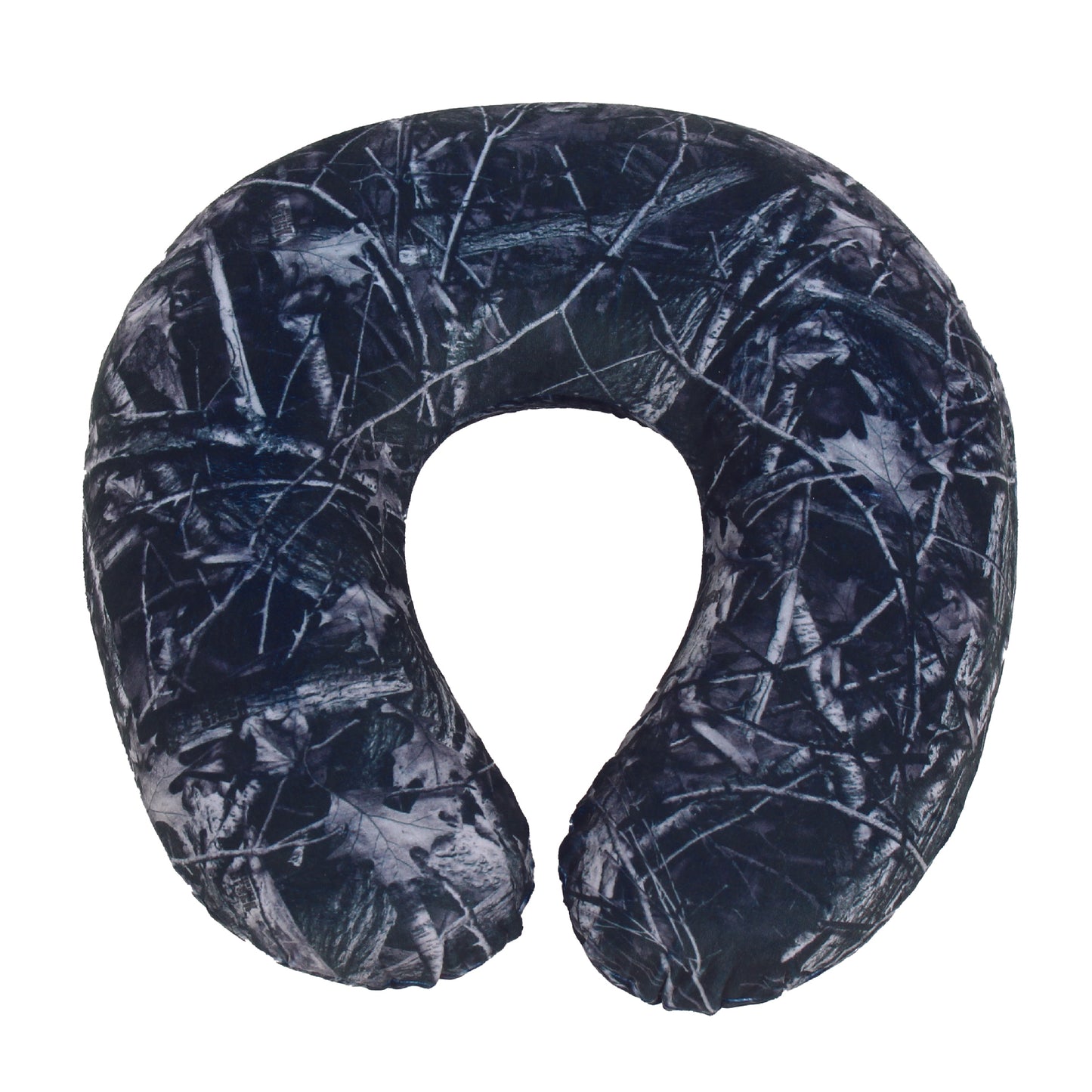Front view of the Memory Foam Travel Neck Pillow in Hunter's Stock Moonshot® Camo, which is made of ultra-soft dark gray, black, and white camo fabric.