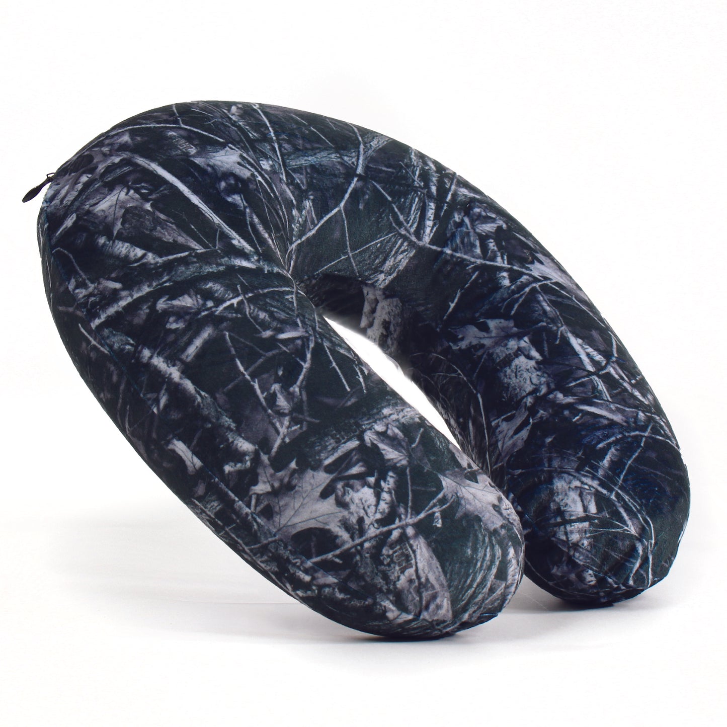 Side view of the Memory Foam Travel Neck Pillow in Hunter's Stock Moonshot® Camo, which is made of ultra-soft dark gray, black, and white camo fabric.