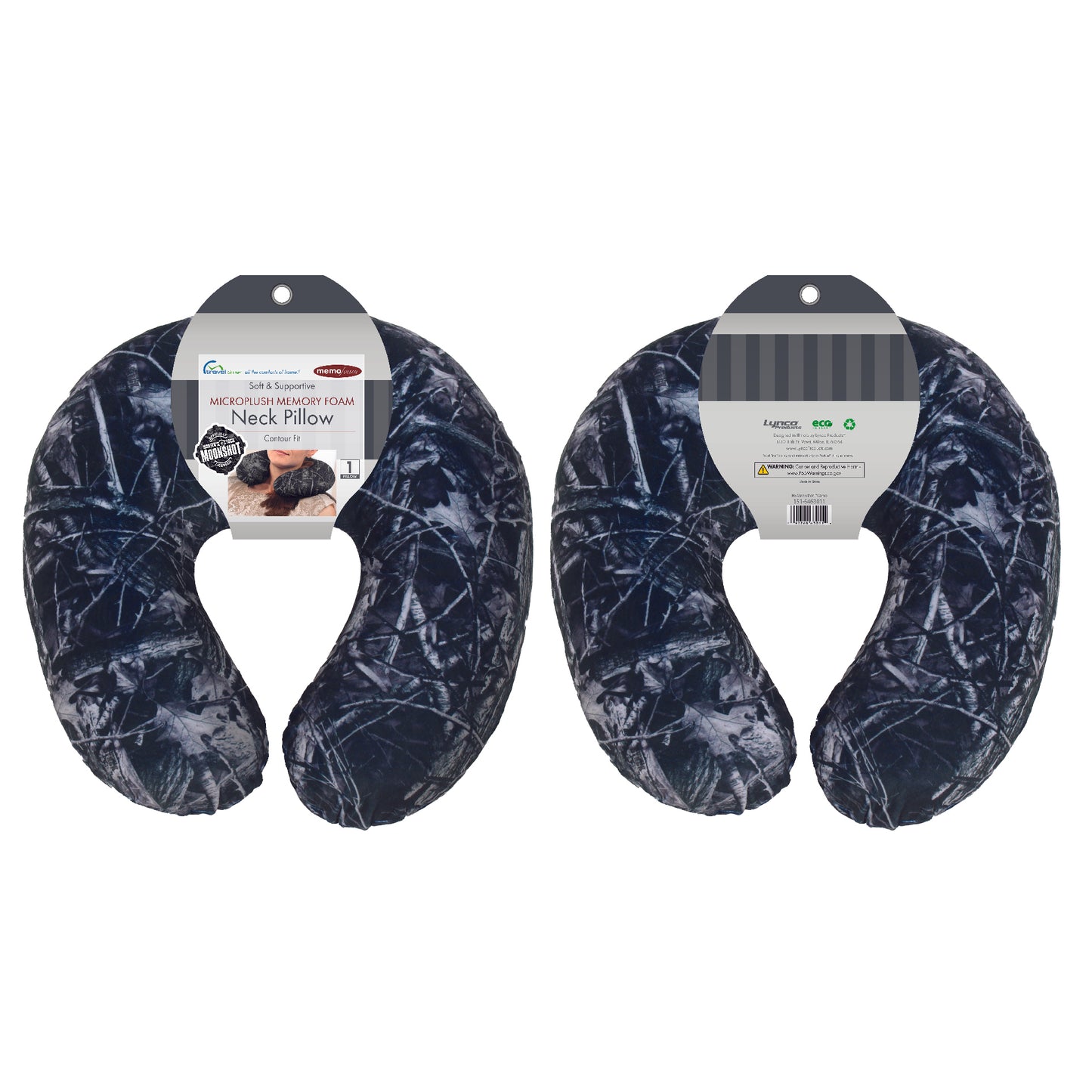 Packaged front and back view of the Memory Foam Travel Neck Pillow in Hunter's Stock Moonshot® Camo, which is made of ultra-soft dark gray, black, and white camo fabric.