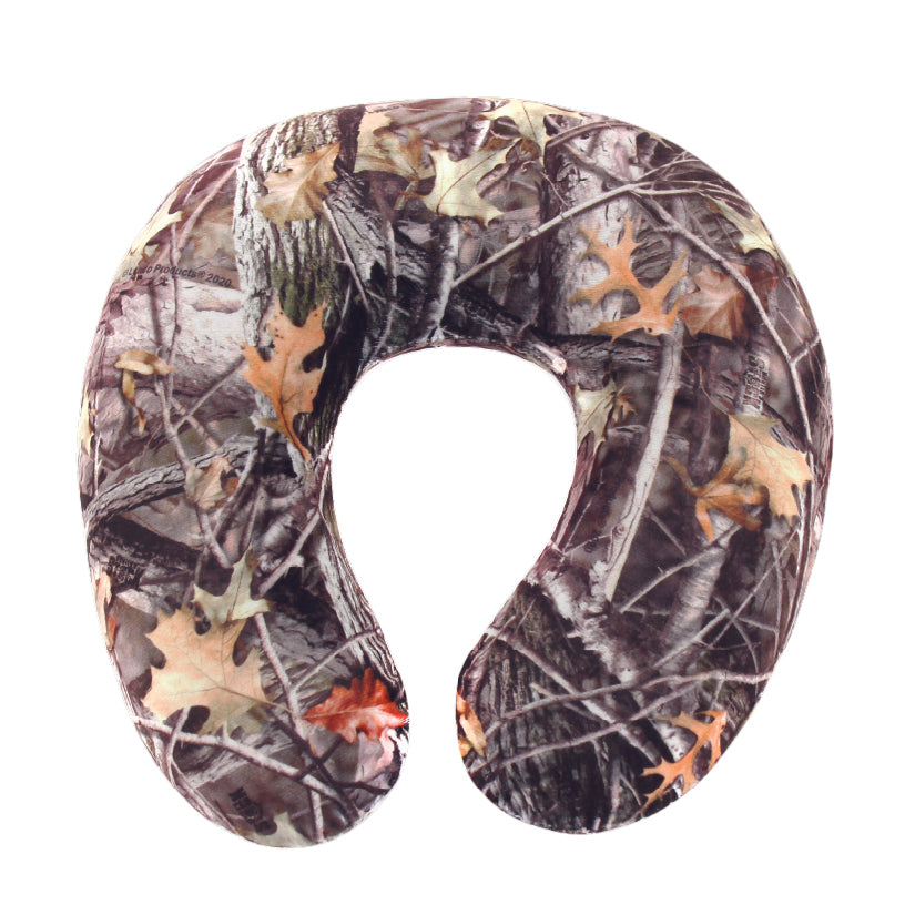 Front view of the Memory Foam Travel Neck Pillow in Hunter's Stock Oneshot® Camo, which is made of ultra-soft brown, tan, green, and gray camo fabric.