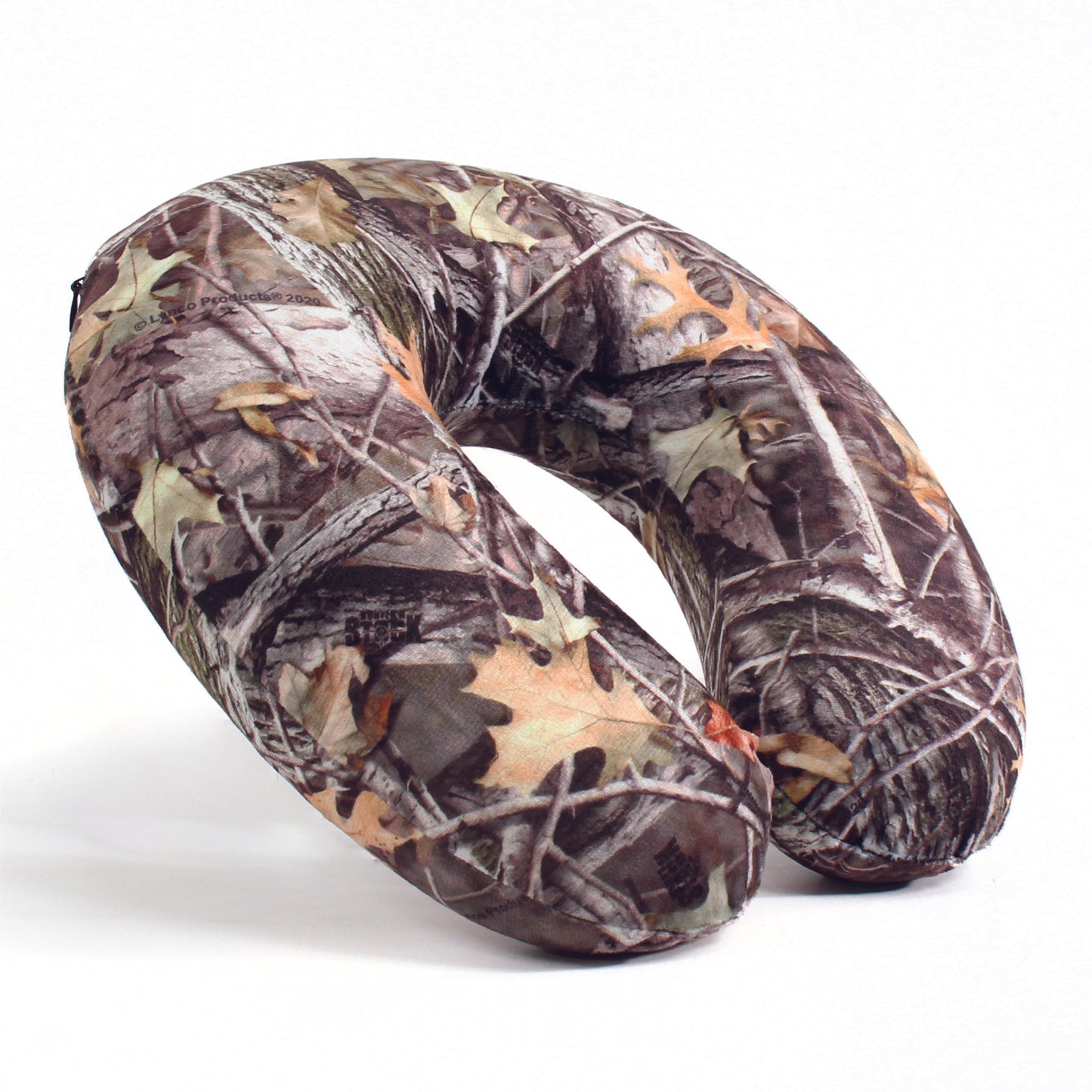 Side view of the Memory Foam Travel Neck Pillow in Hunter's Stock Oneshot® Camo, which is made of ultra-soft brown, tan, green, and gray camo fabric.