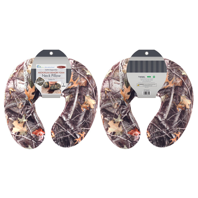 Packaged front and back view of the Memory Foam Travel Neck Pillow in Hunter's Stock Oneshot® Camo, which is made of ultra-soft brown, tan, green, and gray camo fabric.