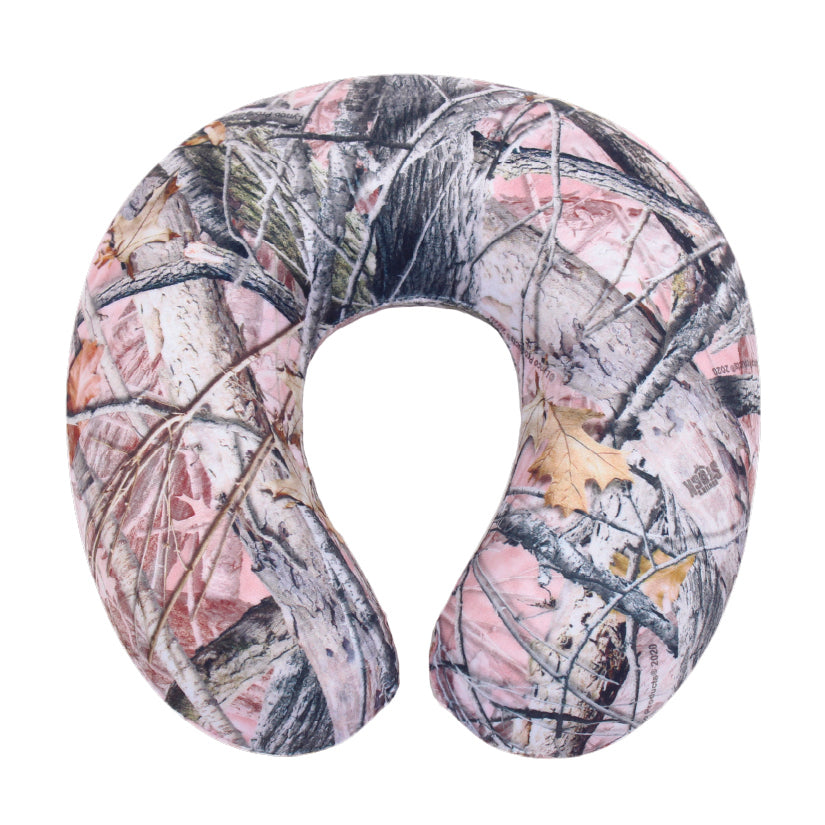 Front view of the Memory Foam Travel Neck Pillow in Hunter's Stock Oneshot® Pink Camo, which is made of ultra-soft pink, tan, green, and gray camo fabric.