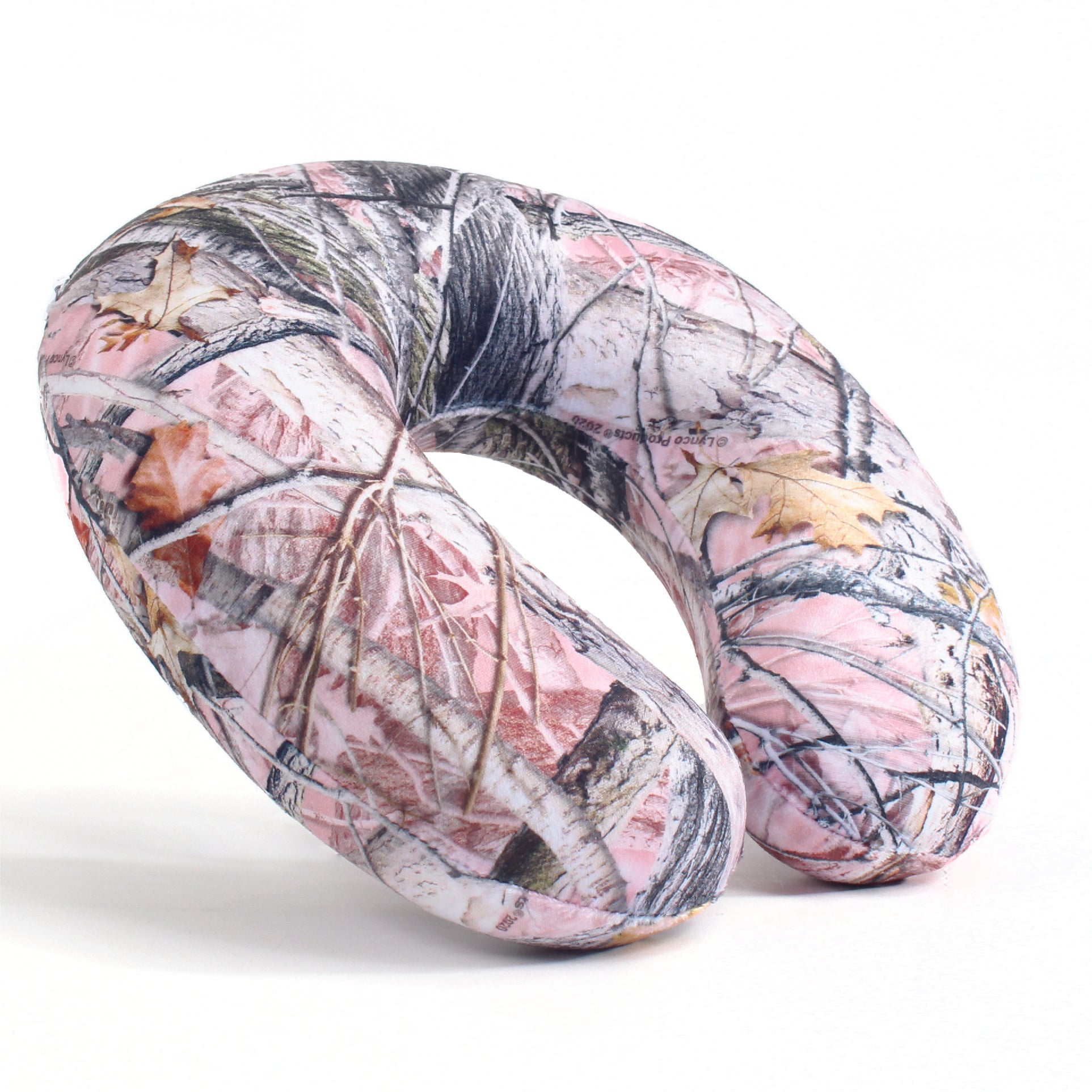 Side view of the Memory Foam Travel Neck Pillow in Hunter's Stock Oneshot® Pink Camo, which is made of ultra-soft pink, tan, green, and gray camo fabric.