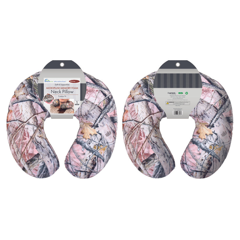 Packaged front and back view of the Memory Foam Travel Neck Pillow in Hunter's Stock Oneshot® Pink Camo, which is made of ultra-soft pink, tan, green, and gray camo fabric.