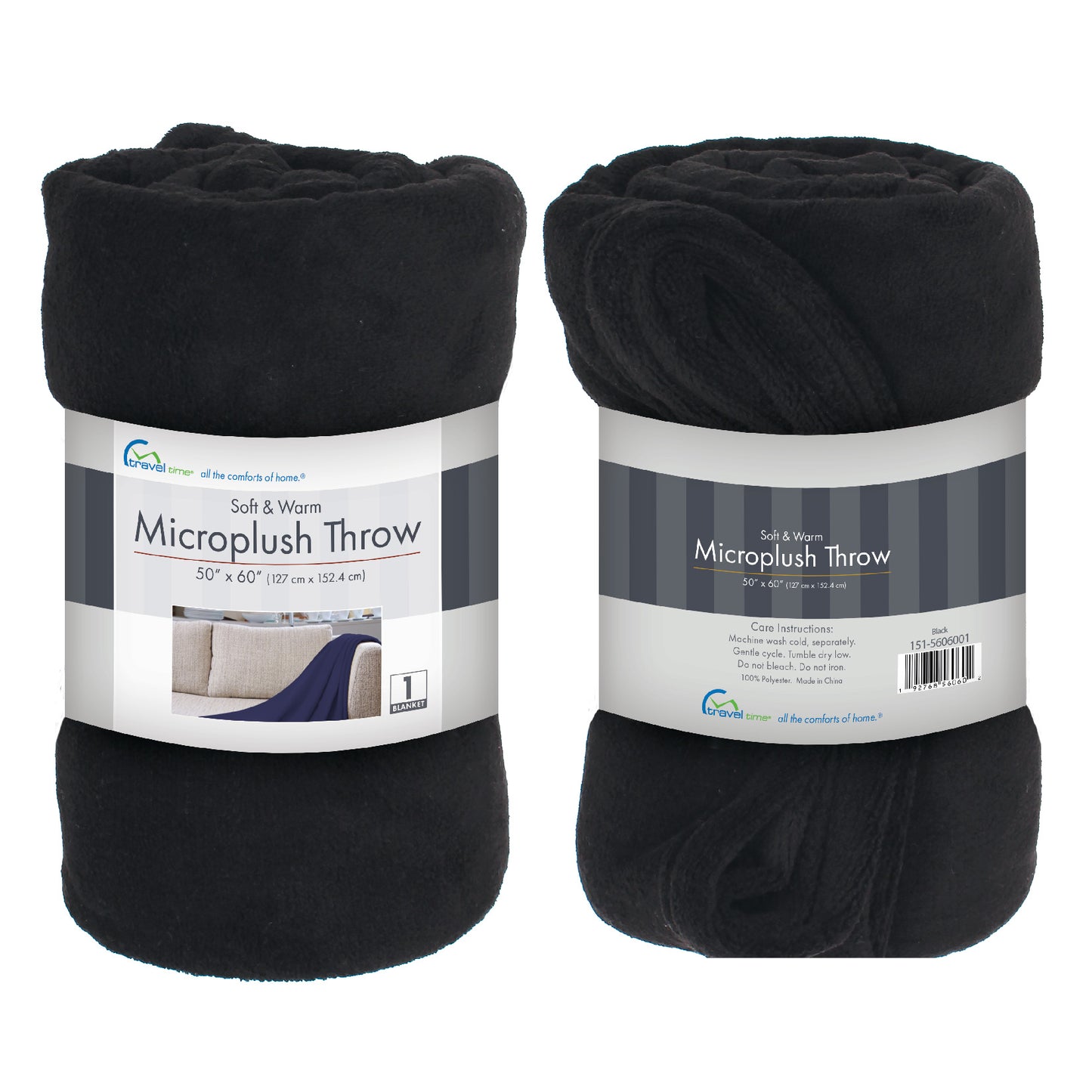 Packaged front and back view of the black Microplush Throw Blanket.
