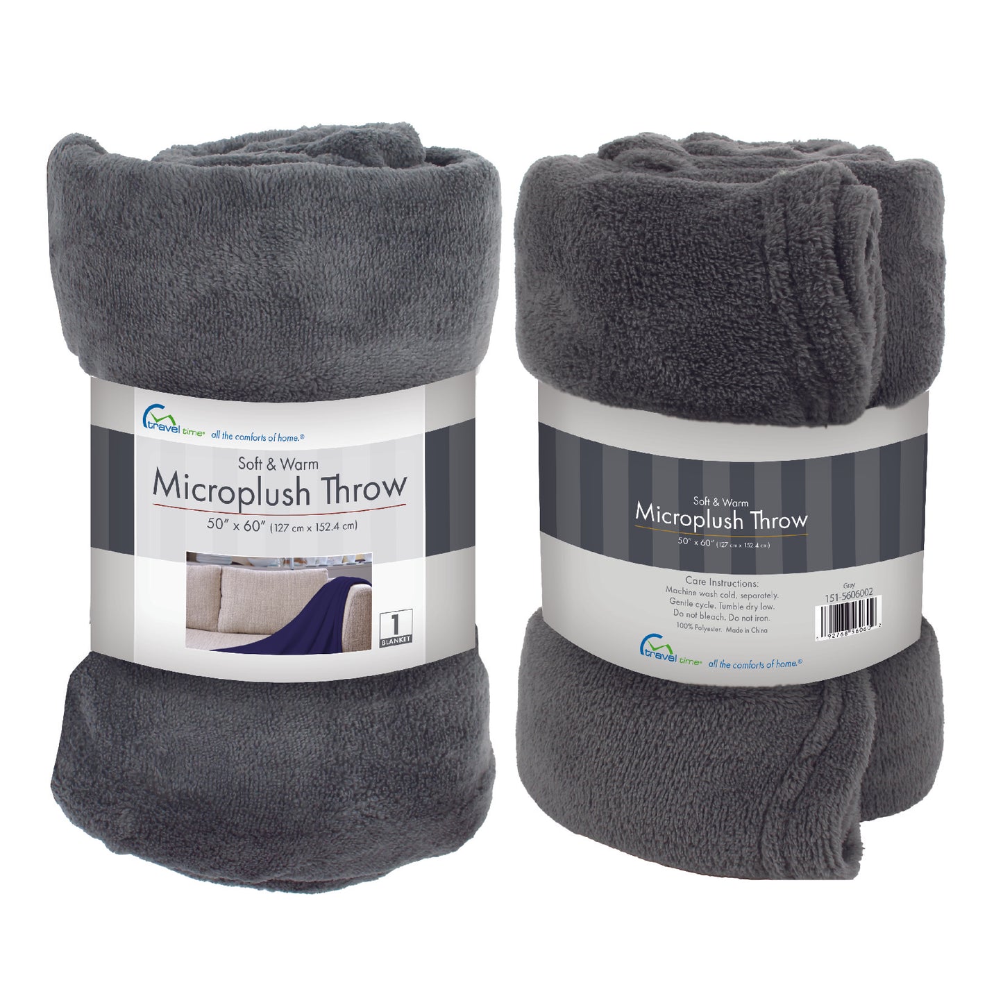Packaged front and back view of the gray Microplush Throw Blanket.