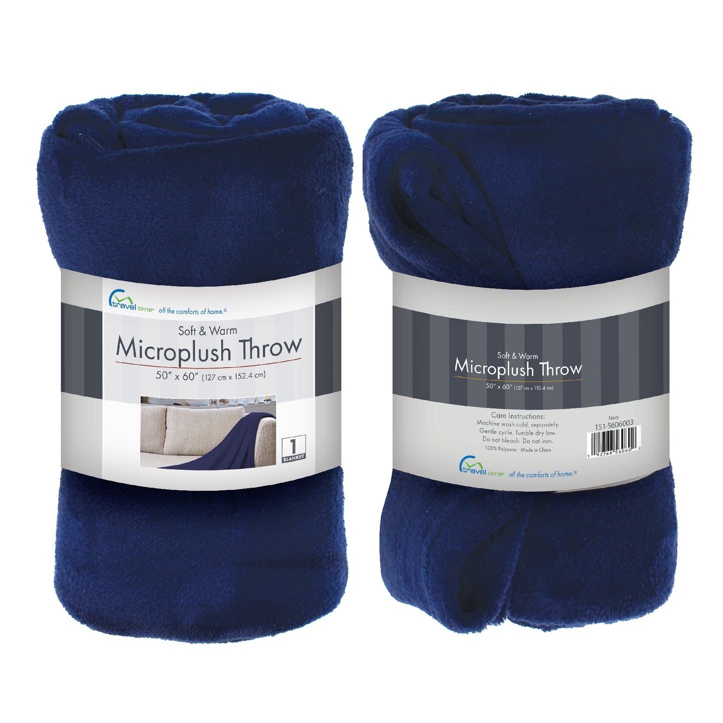 Packaged front and back view of the navy Microplush Throw Blanket.
