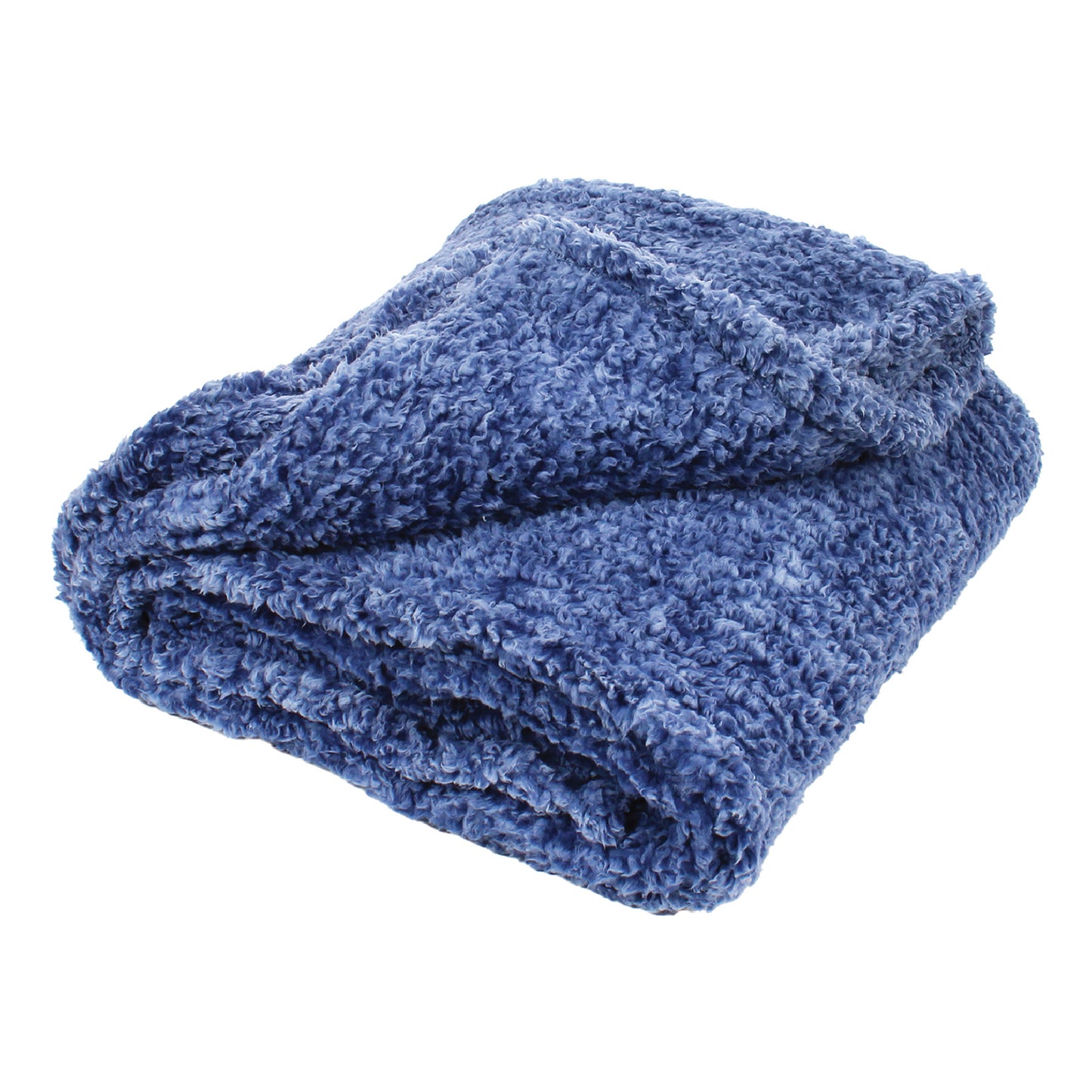 The Travel Time Sherpa Teddy Throw Blanket, in blue, showcases a fluffy, folded design with a soft texture. It's made from ultra-soft material, is machine washable, and is displayed against a white background.