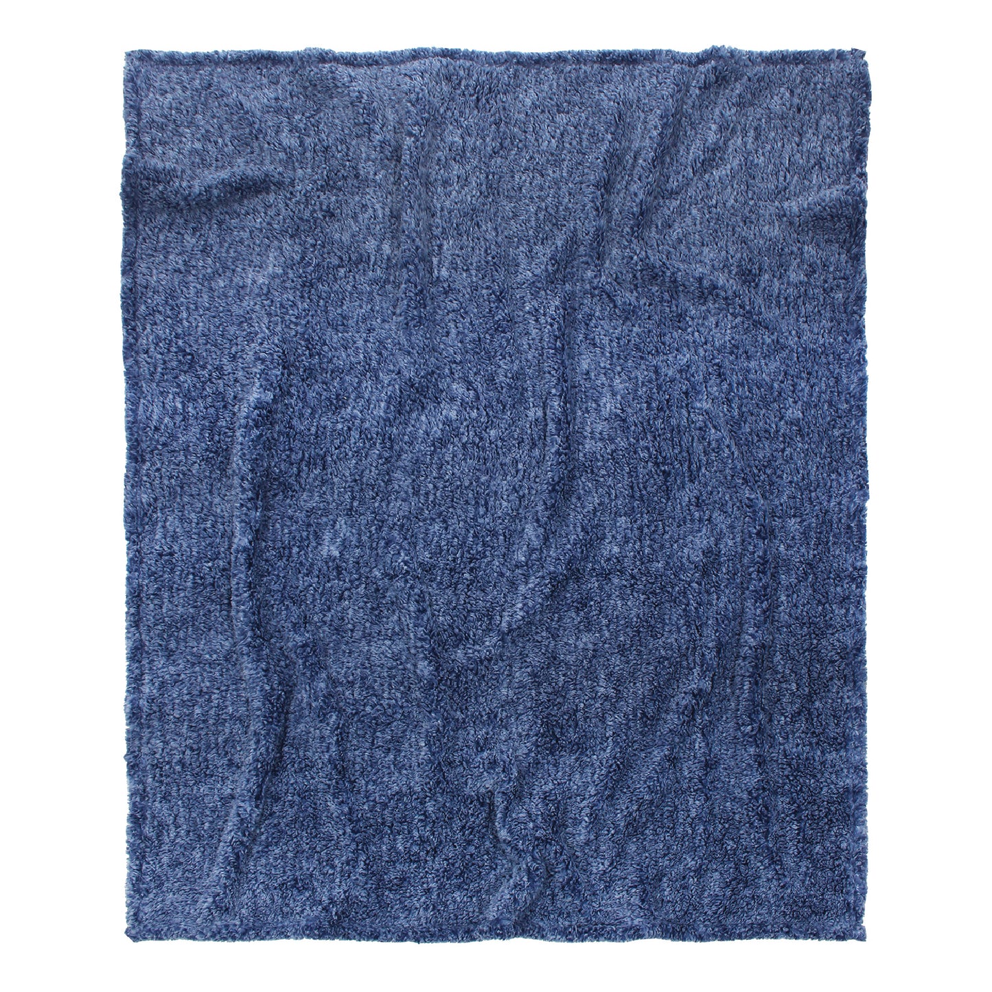 A view of the blue blanket unfolded featuring a textured, rectangular design on a white background.