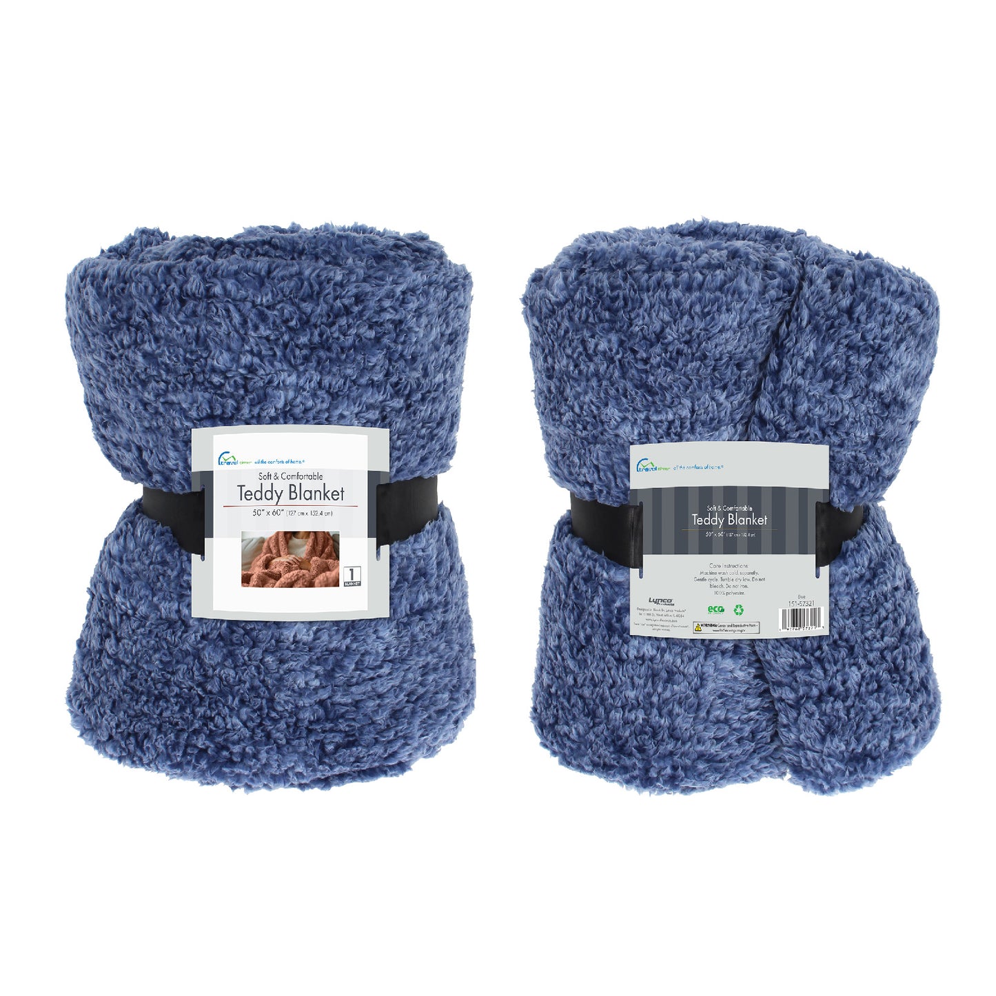 Two rolled-up blue Sherpa Teddy Throw Blankets by Travel Time are secured with black bands that hold the packaging label in place. The label highlights ultra-soft, fluffy texture and machine washability for easy care.