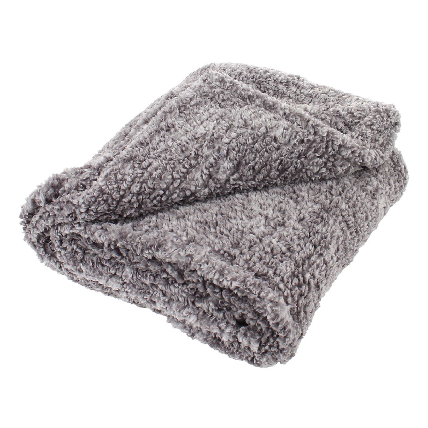 The Travel Time Sherpa Teddy Throw Blanket, in gray, showcases a fluffy, folded design with a soft texture. It's made from ultra-soft material, is machine washable, and is displayed against a white background.