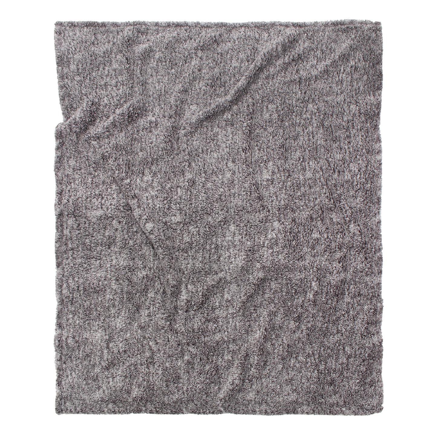 A view of the gray blanket unfolded featuring a textured, rectangular design on a white background.
