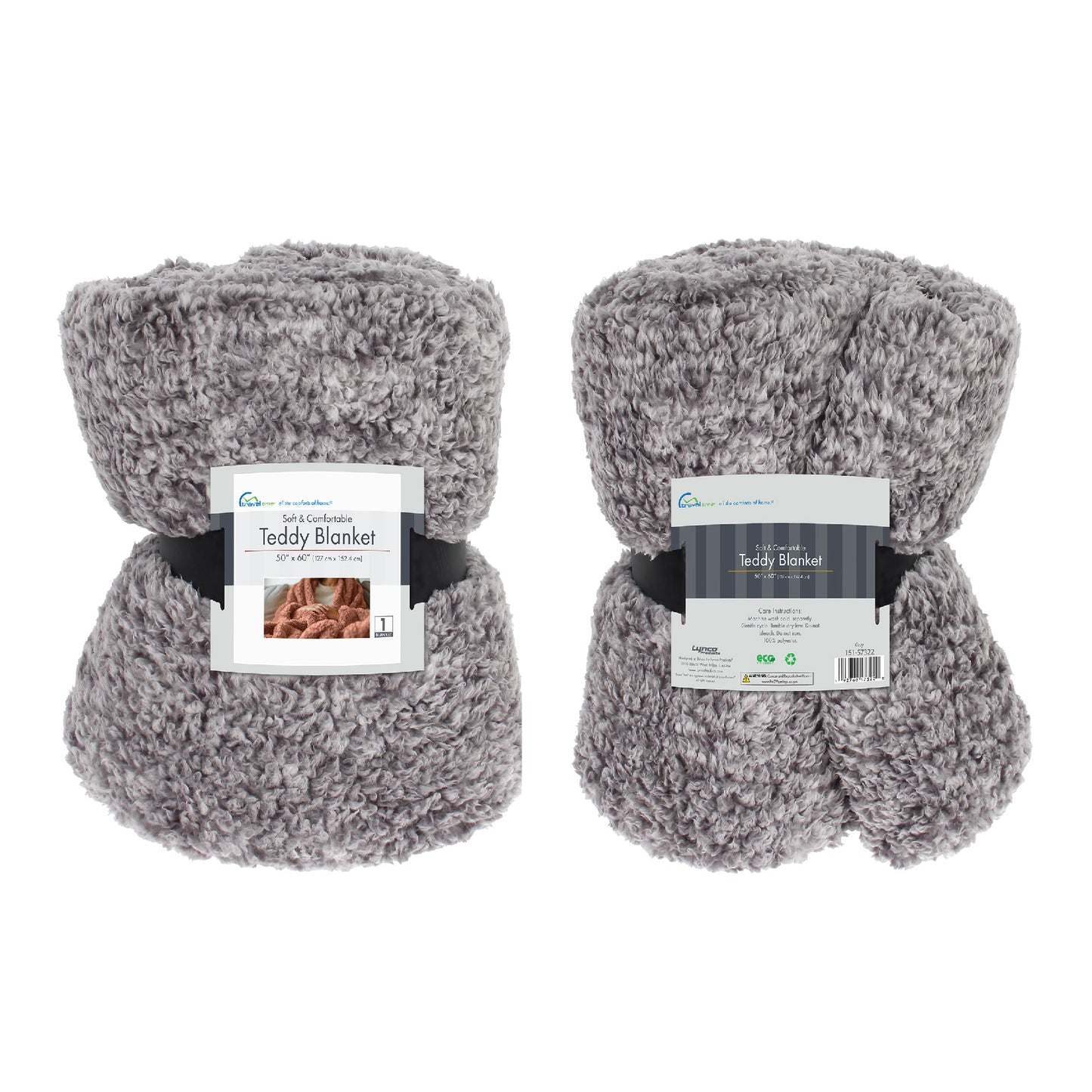 Two rolled-up gray Sherpa Teddy Throw Blankets by Travel Time are secured with black bands that hold the packaging label in place. The label highlights ultra-soft, fluffy texture and machine washability for easy care.