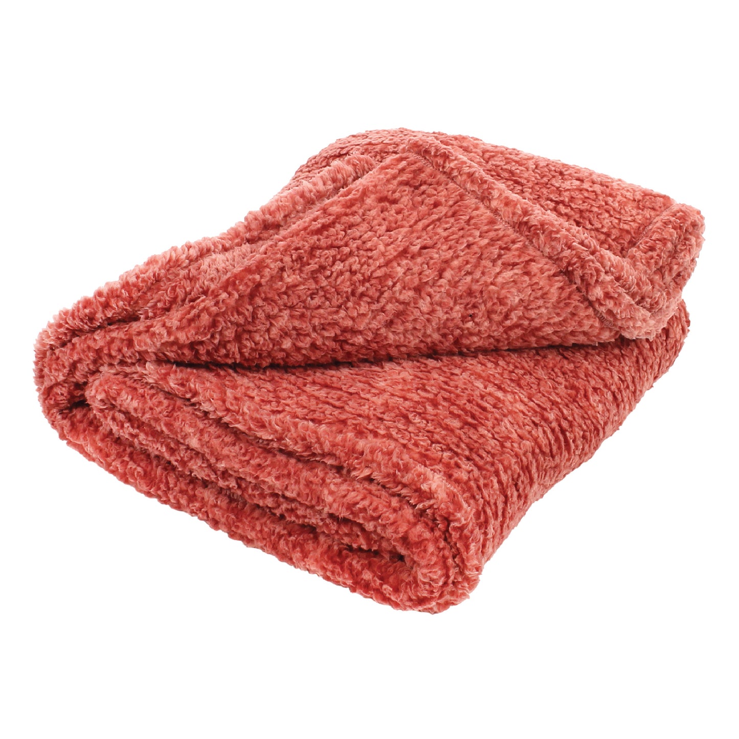 The Travel Time Sherpa Teddy Throw Blanket, in coral, showcases a fluffy, folded design with a soft texture. It's made from ultra-soft material, is machine washable, and is displayed against a white background.