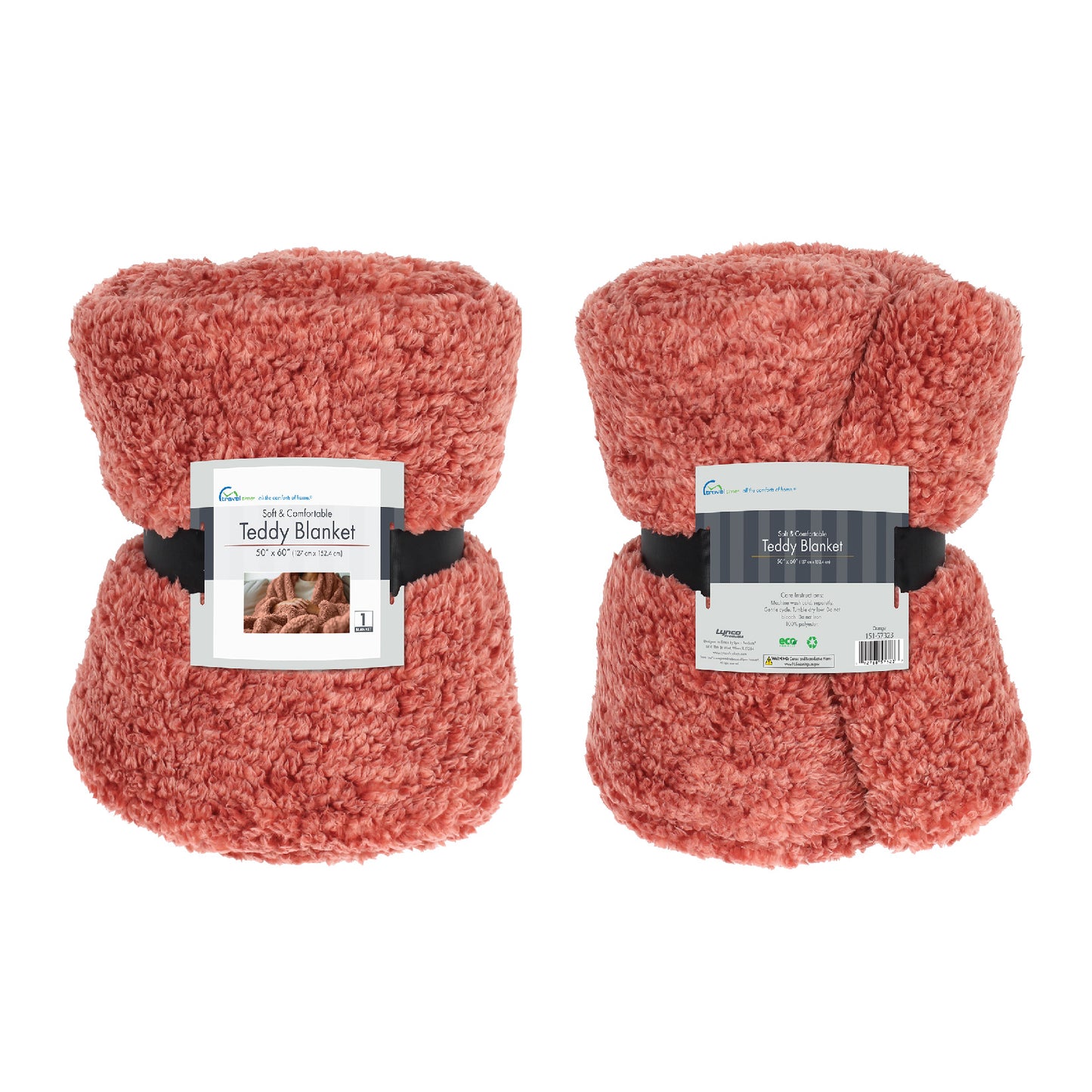 Two rolled-up coral orange Sherpa Teddy Throw Blankets by Travel Time are secured with black bands that hold the packaging label in place. The label highlights ultra-soft, fluffy texture and machine washability for easy care.