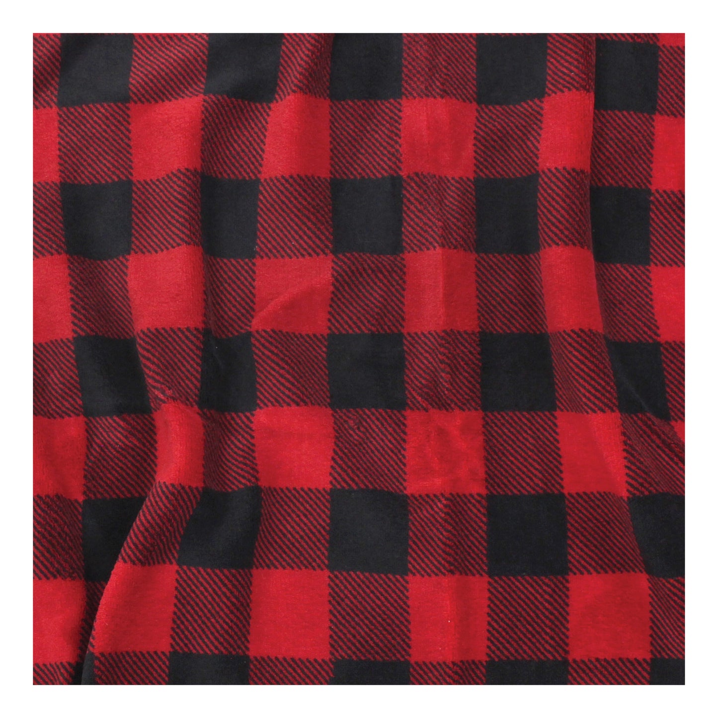 Swatch of the Sherpa Fleece Reversible Throw Blanket fabric in black and red plaid.
