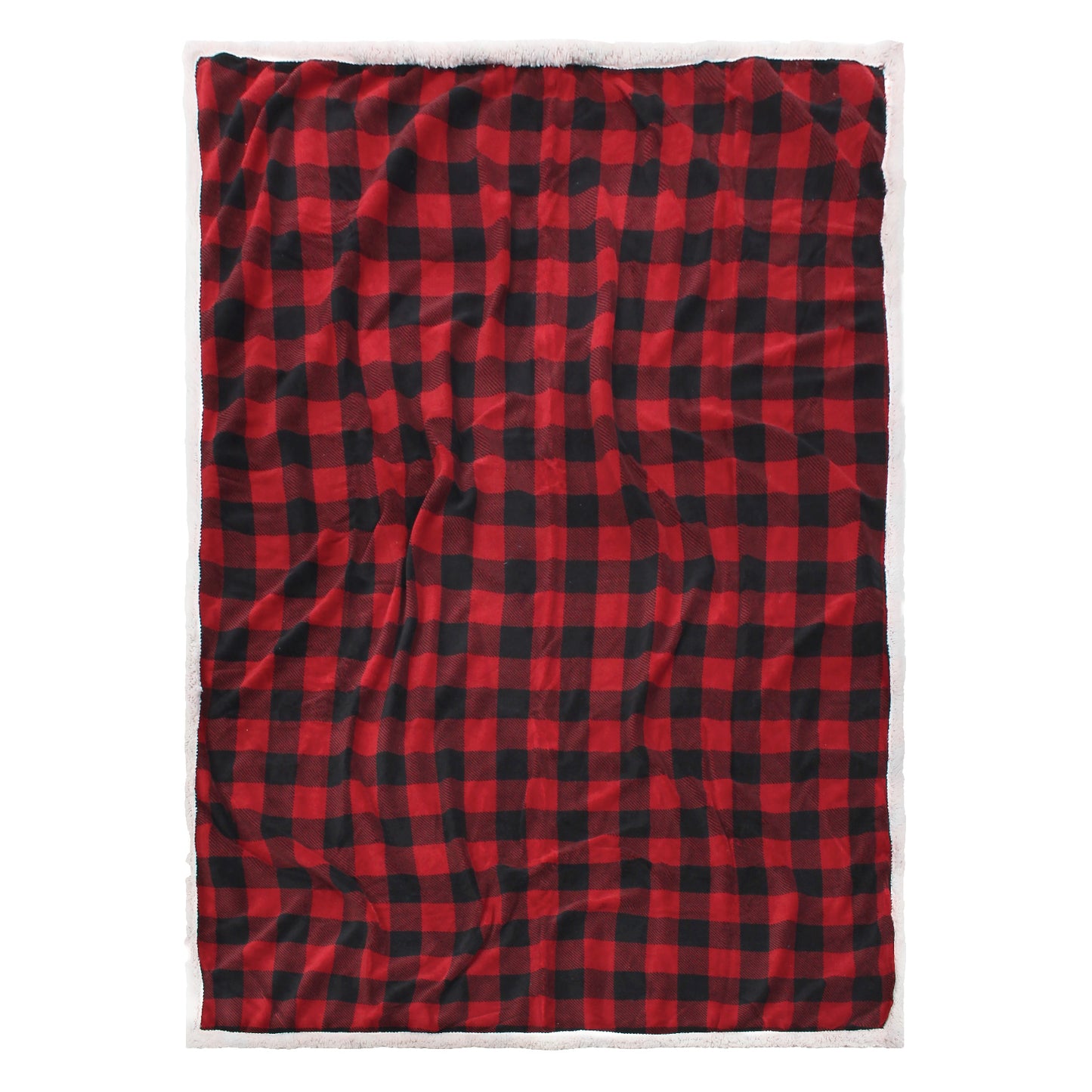 Black and Red Plaid Sherpa Fleece Reversible Throw Blanket spread out to show the blanket's size (50in x 70 in).