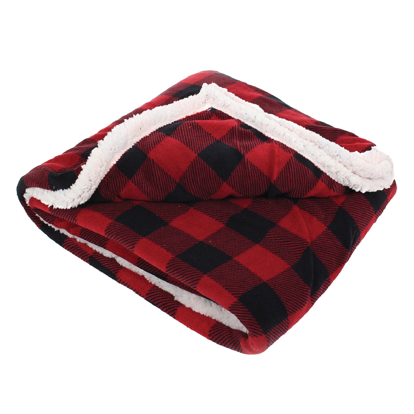 Black and Red Plaid Sherpa Fleece Reversible Throw Blanket folded, with one corner lifted to show the other side of the material.