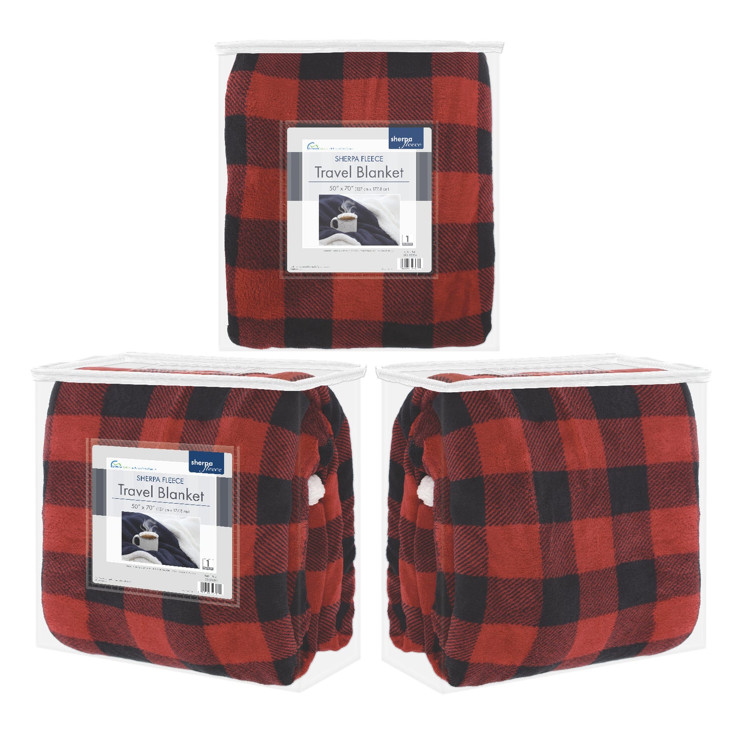 Packaged front, back, and side views of the Black and Red Plaid Sherpa Fleece Reversible Throw Blanket.
