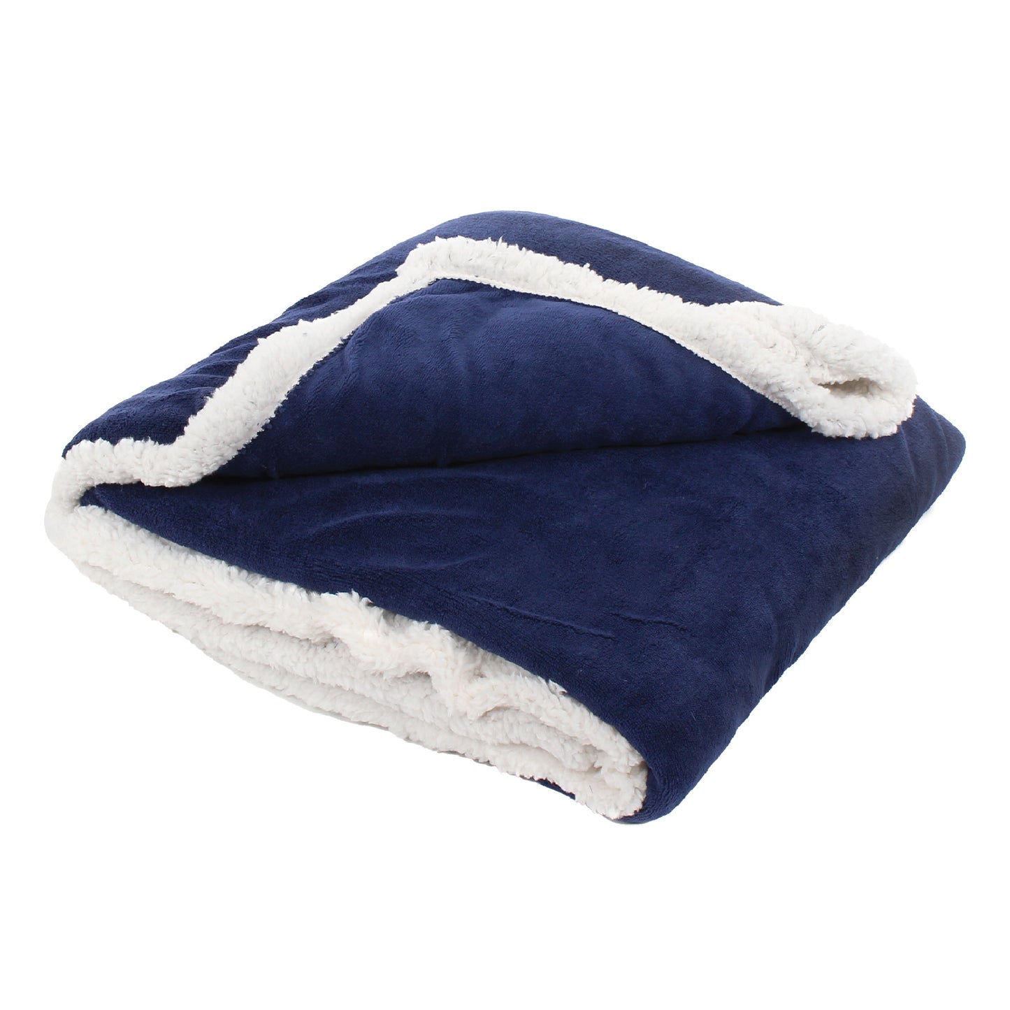 Navy Sherpa Fleece Reversible Throw Blanket folded, with one corner lifted to show the other side of the material.