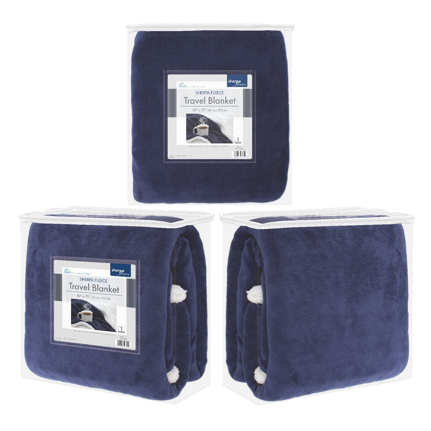 Packaged front, back, and side views of the Navy Sherpa Fleece Reversible Throw Blanket.