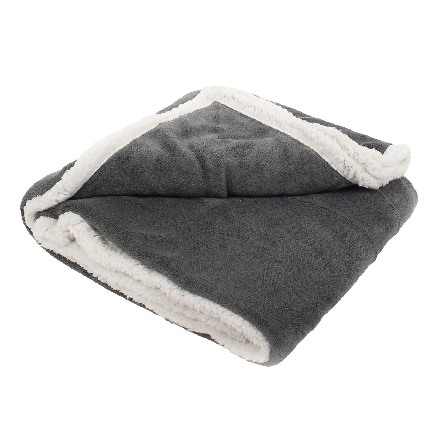 Dark Gray Sherpa Fleece Reversible Throw Blanket folded, with one corner lifted to show the other side of the material.