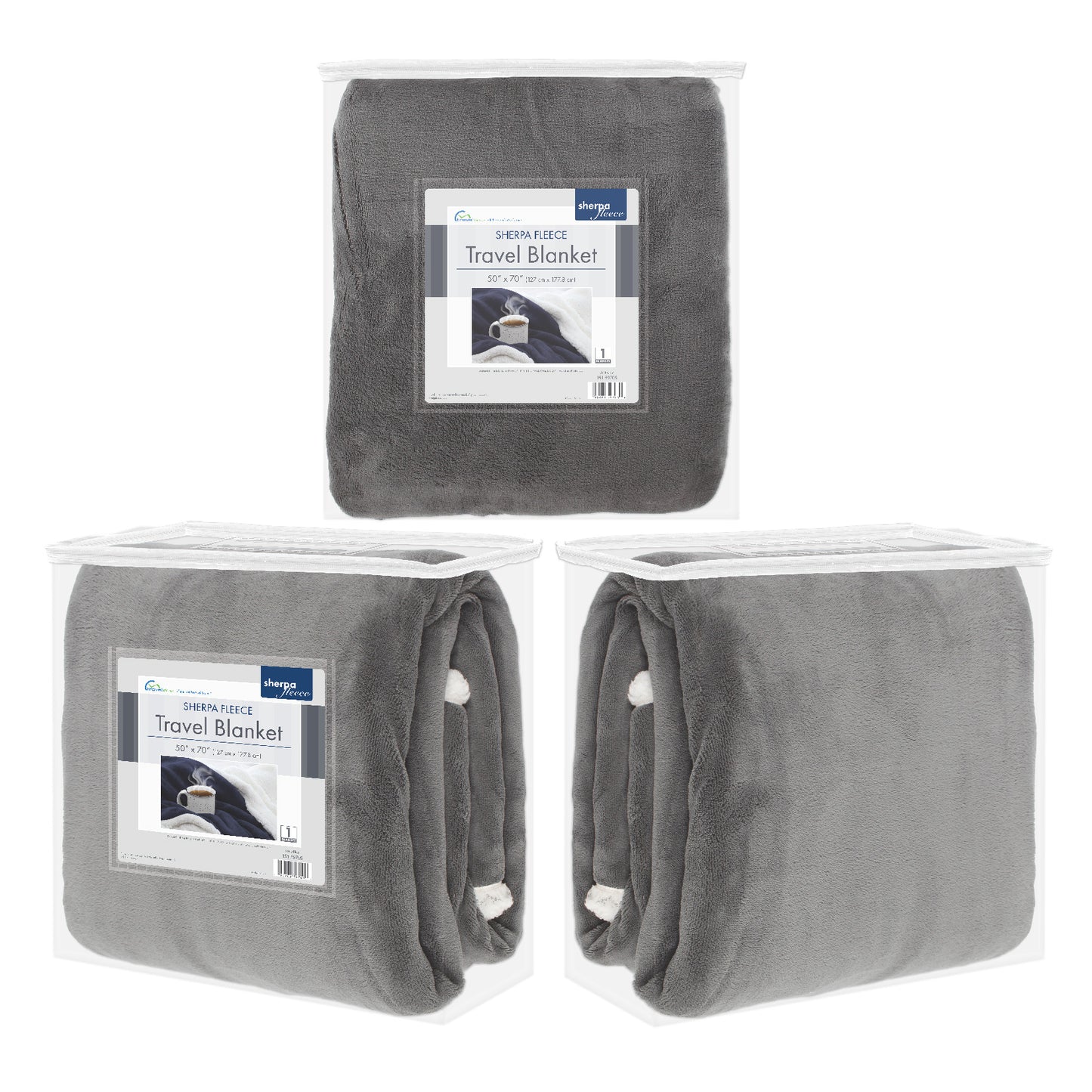 Packaged front, back, and side views of the Dark Gray Sherpa Fleece Reversible Throw Blanket.