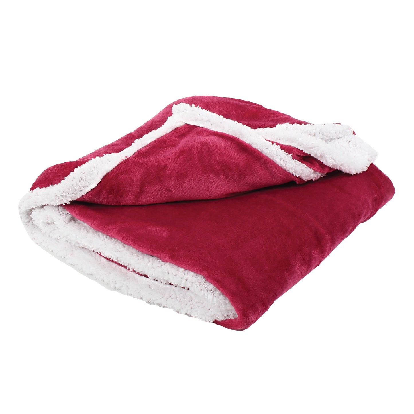 Cranberry Sherpa Fleece Reversible Throw Blanket folded, with one corner lifted to show the other side of the material.