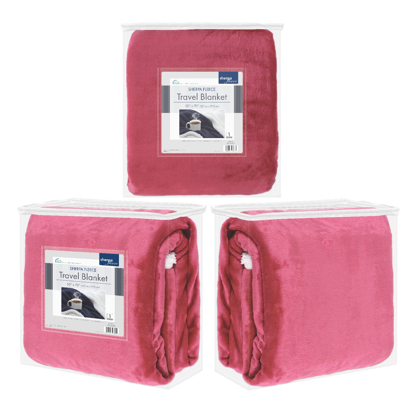 Packaged front, back, and side views of the Cranberry Sherpa Fleece Reversible Throw Blanket.