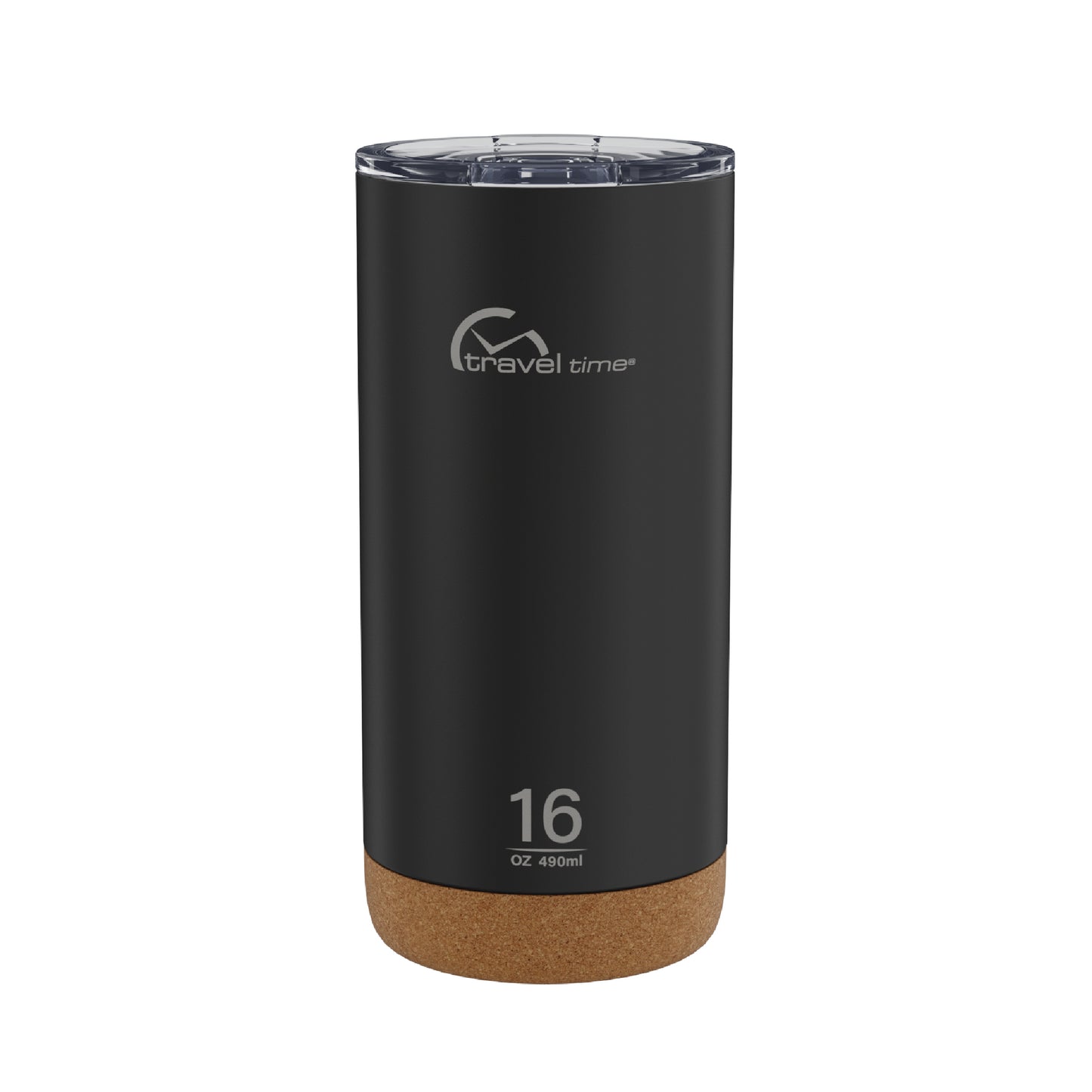 The 16oz Stainless Steel Travel Tumbler with Cork Bottom in black displayed against a white background.