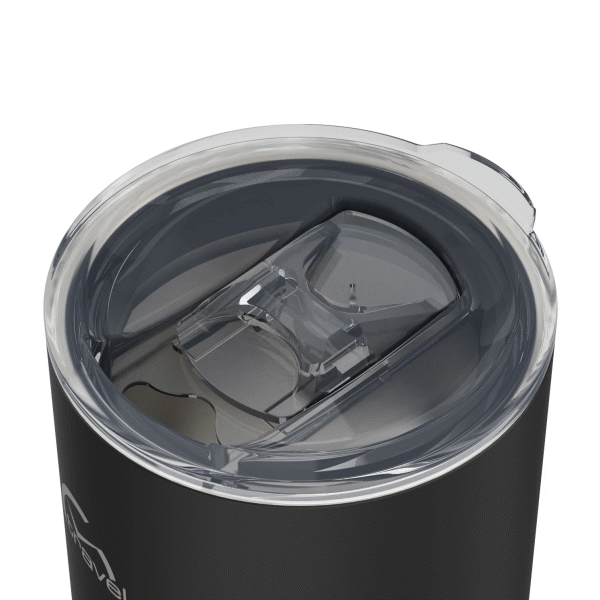 The 16oz Stainless Steel Travel Tumbler with Cork Bottom with its clear lid opening sliding open, followed by the entire lid lifting off, too showcase how the component can be removed. This gif is displayed against a white background.