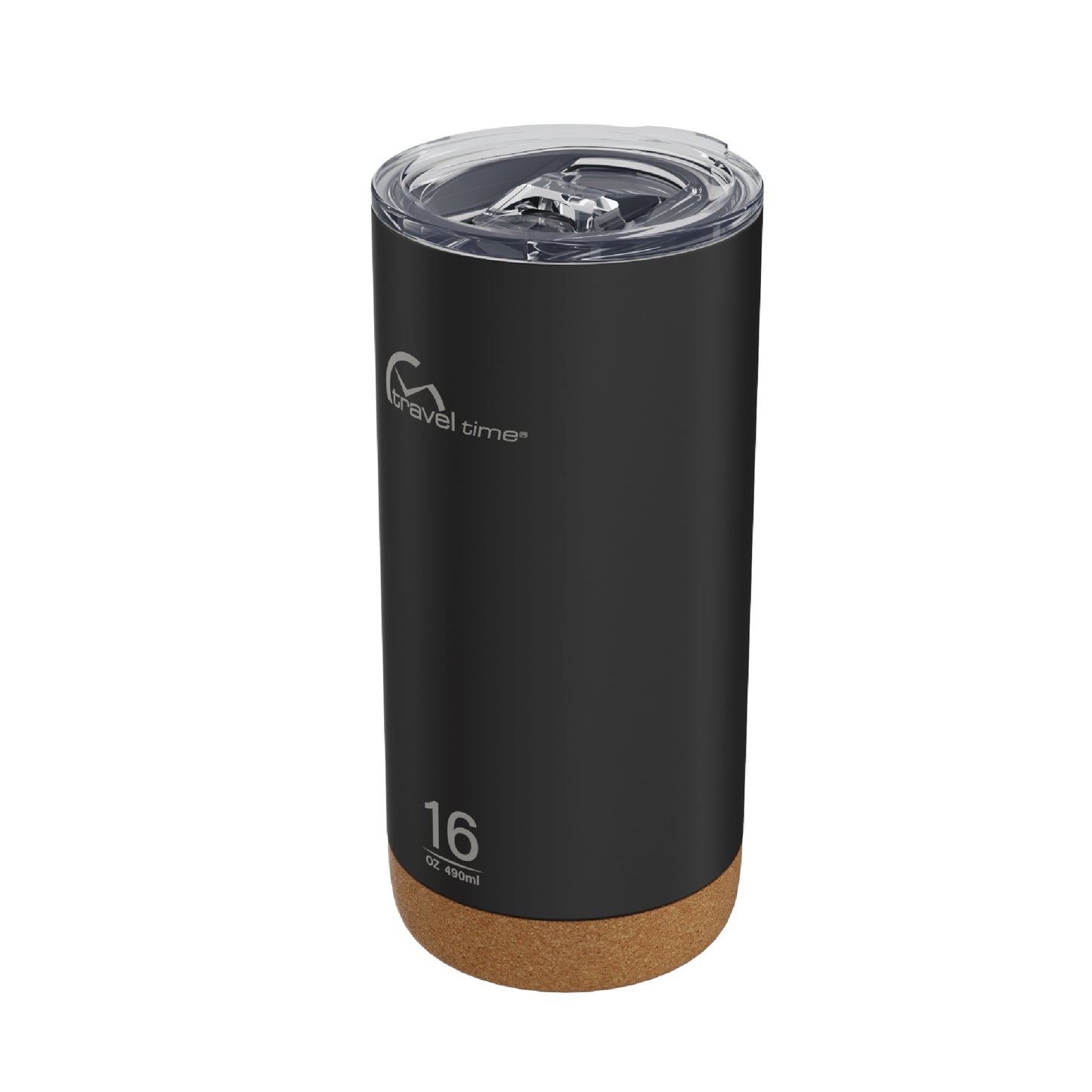 Side view of the 160z Stainless Steel Travel Tumbler with Cork Bottom in black displayed at an angle and against a white background.