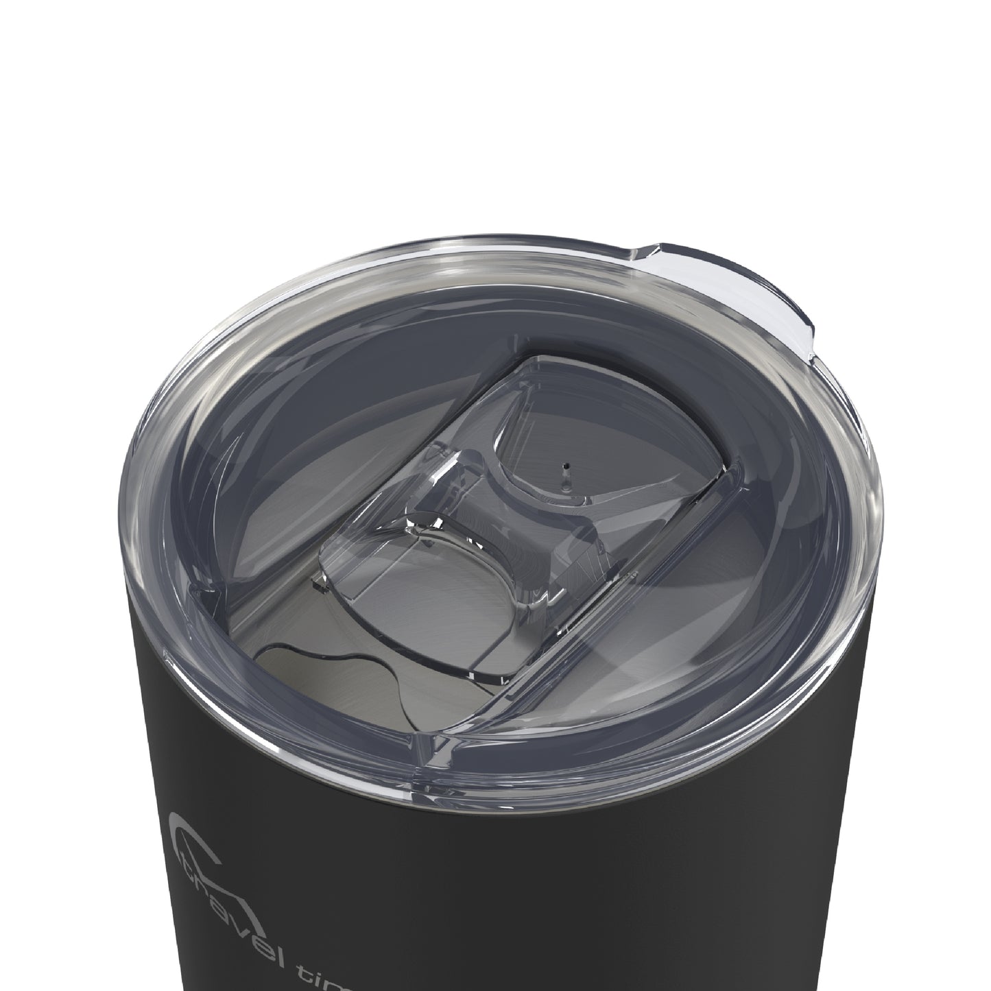 Close-up of the opened lid opening of the 16oz Stainless Steel Travel Tumbler with Cork Bottom in black displayed against a white background.